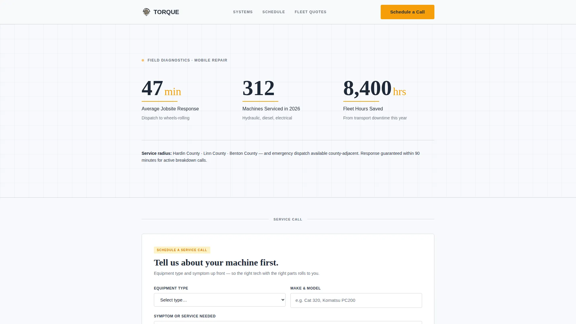 Heavy Equipment Mechanic Service Area Landing Page