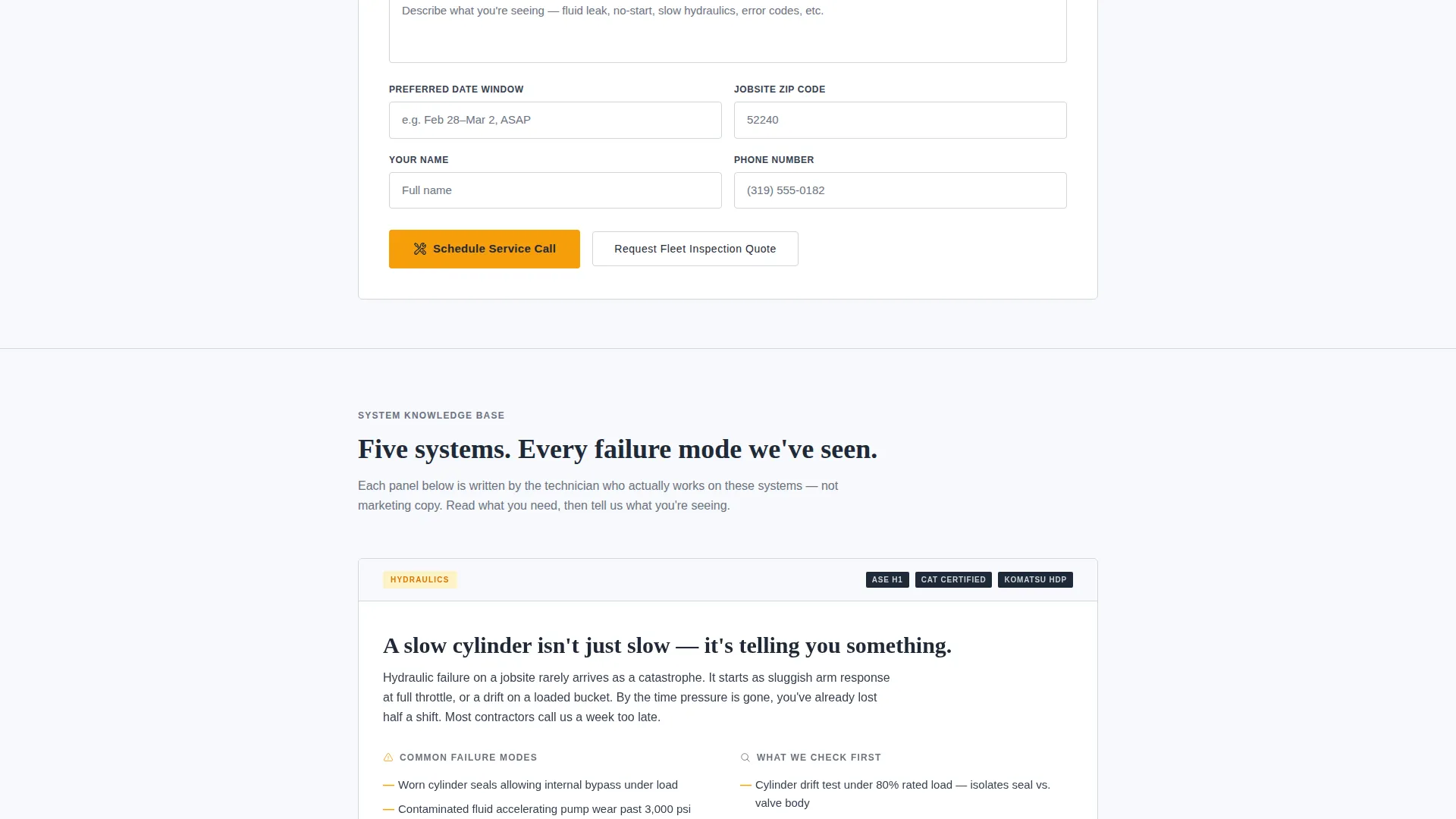 Heavy Equipment Mechanic Service Area Landing Page