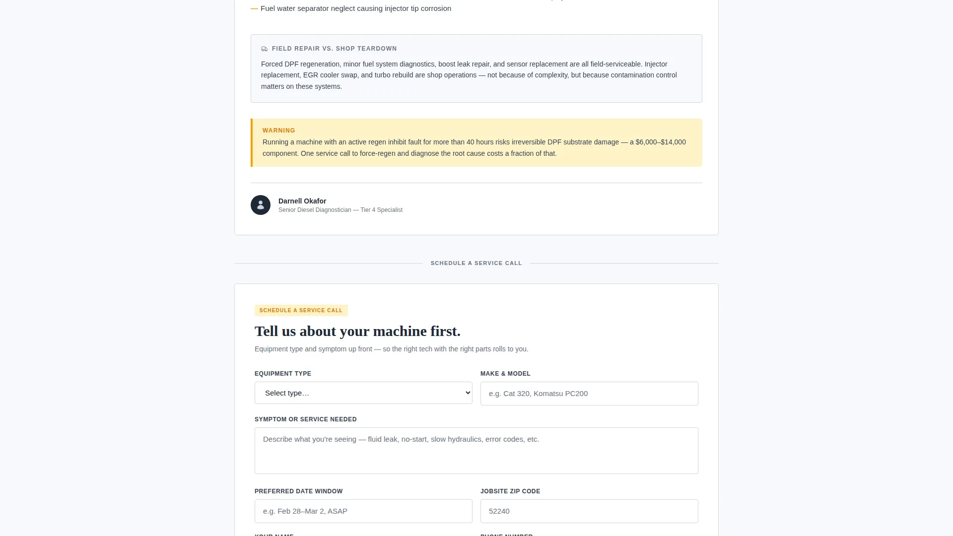 Heavy Equipment Mechanic Service Area Landing Page