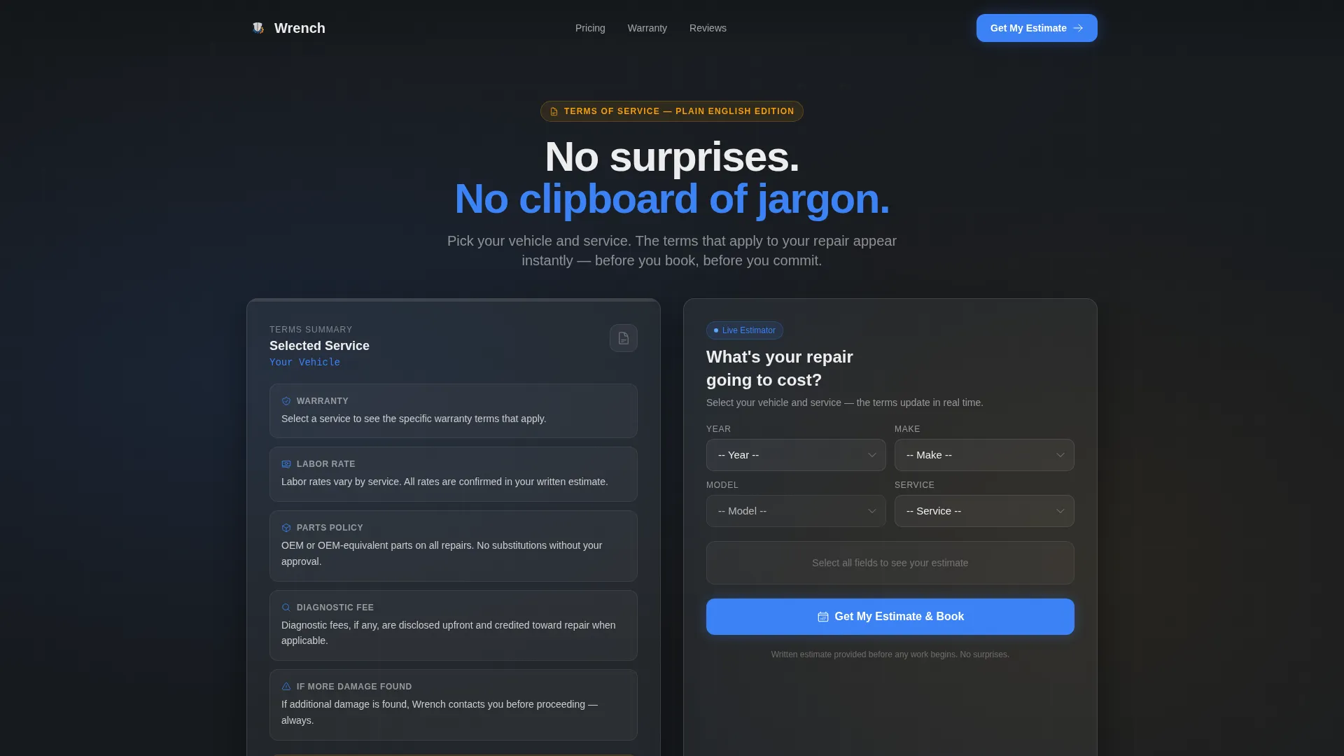 Auto Repair Shop Terms of Service Landing Page