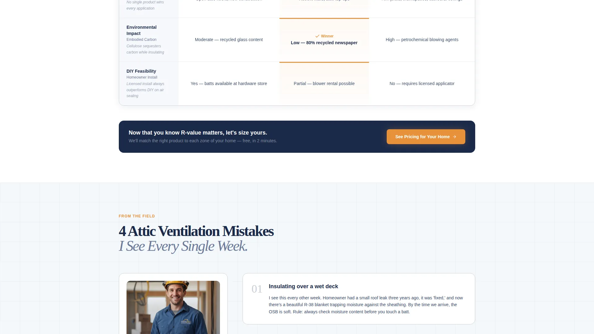 Insulation Installer Comparison Table Landing Page