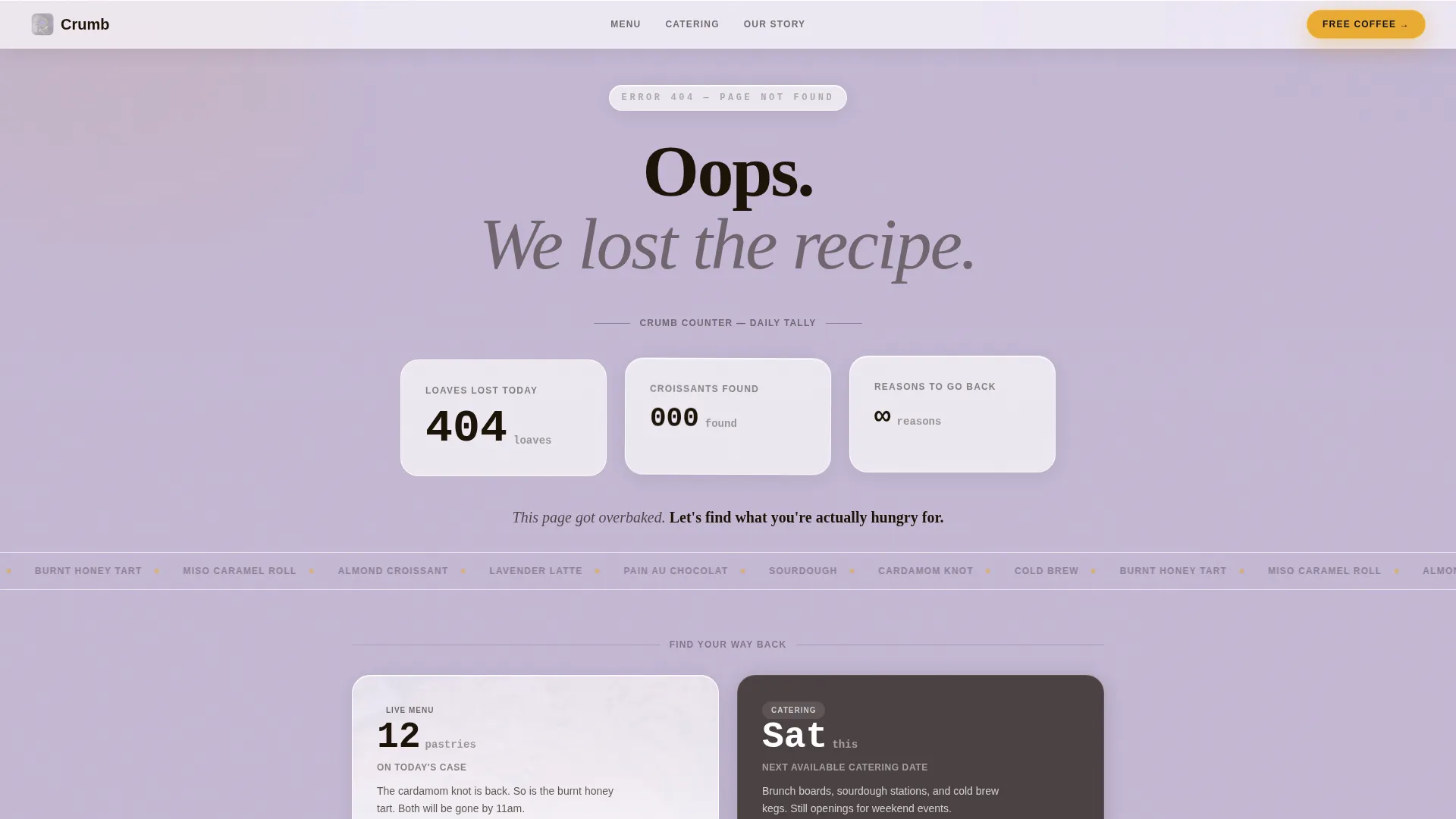 Glassmorphic Bakery Café 404 Error Landing Page Template