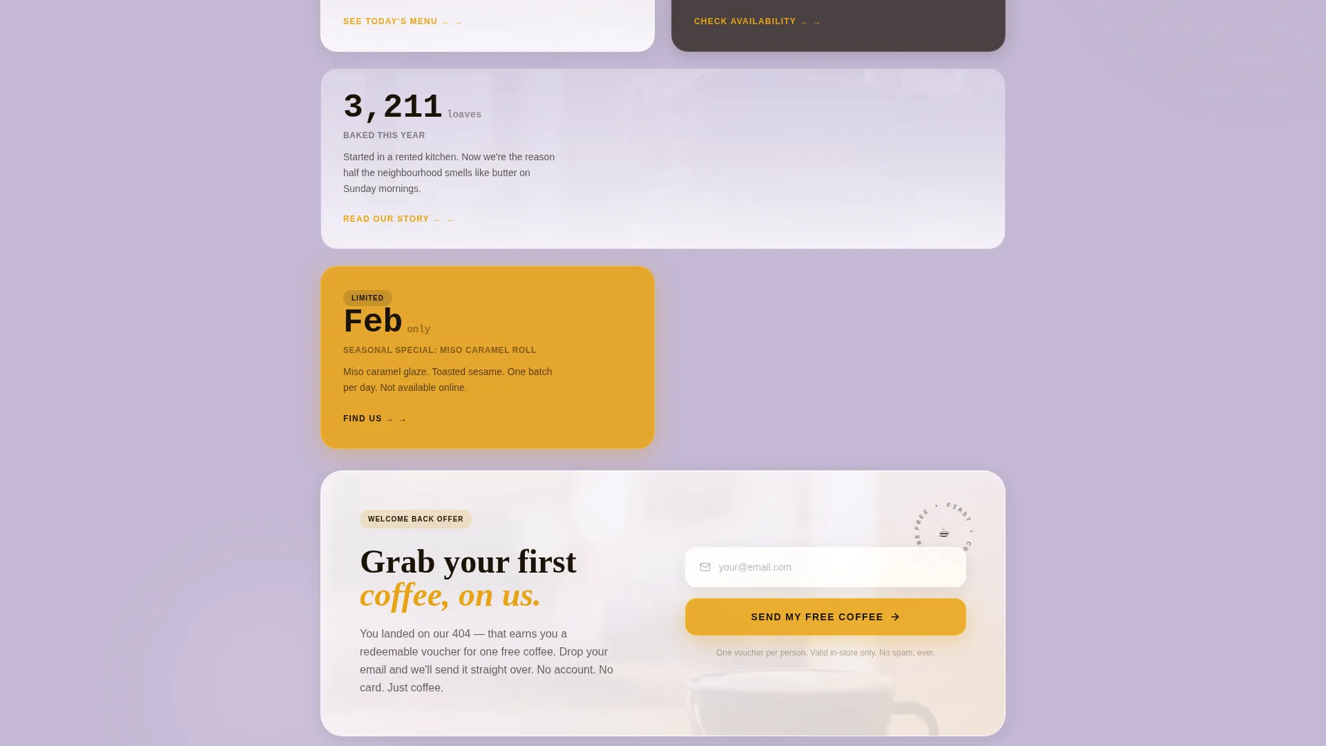 Glassmorphic Bakery Café 404 Error Landing Page Template