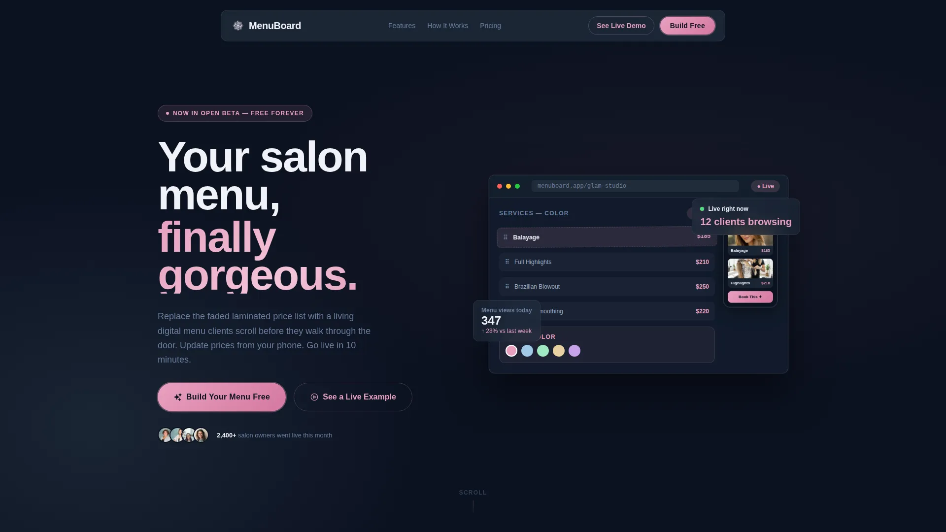 Salon Digital Menu Landing Page Template