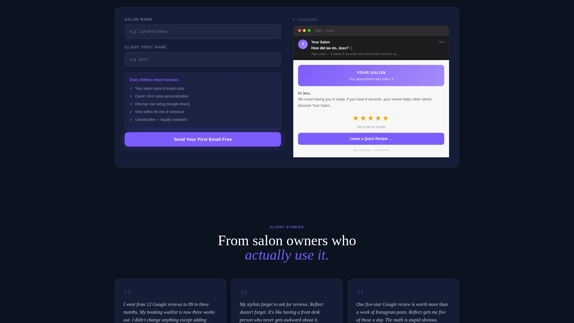 Salon Feedback Request Email Landing Page Template