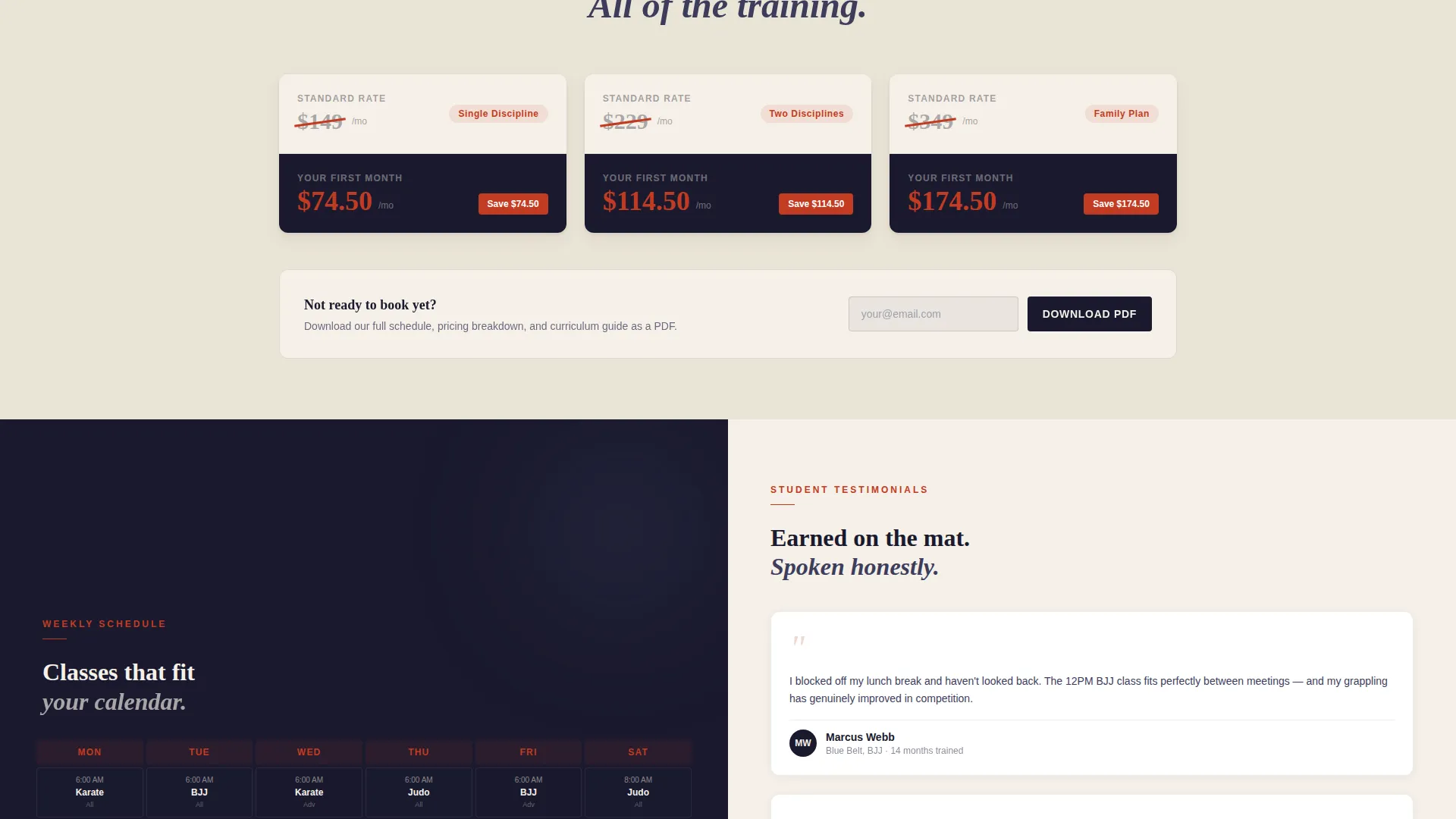 Martial Arts School Marketing Booking Website Template