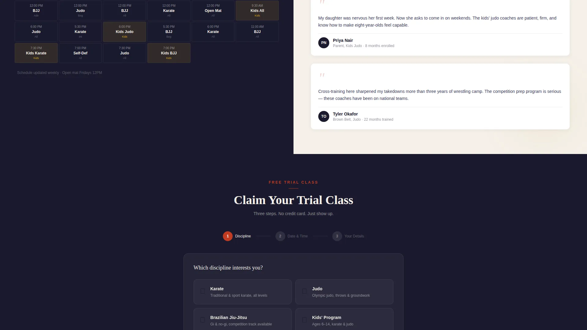 Martial Arts School Marketing Booking Website Template