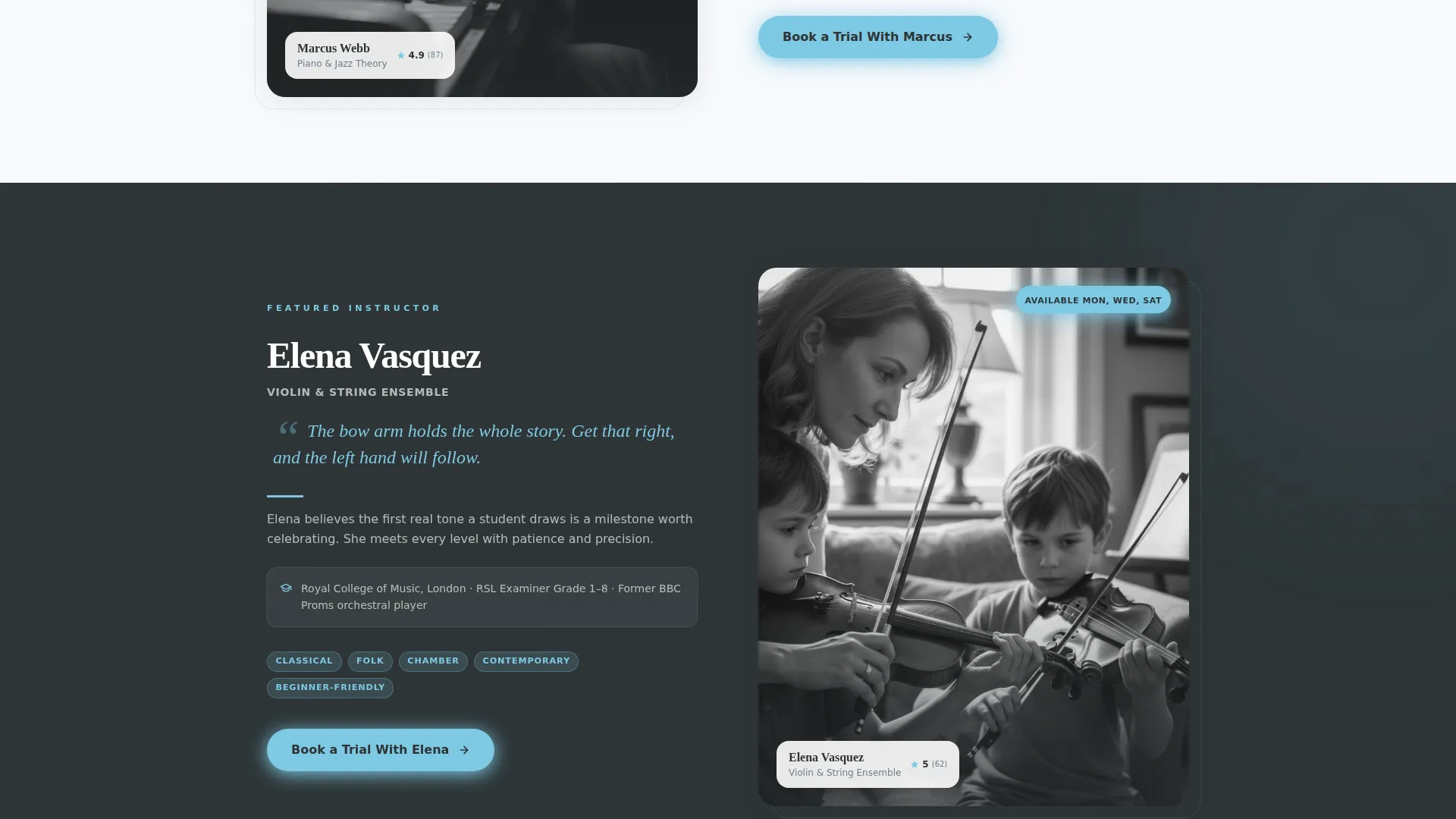 Editorial Music Teacher Landing Page Template