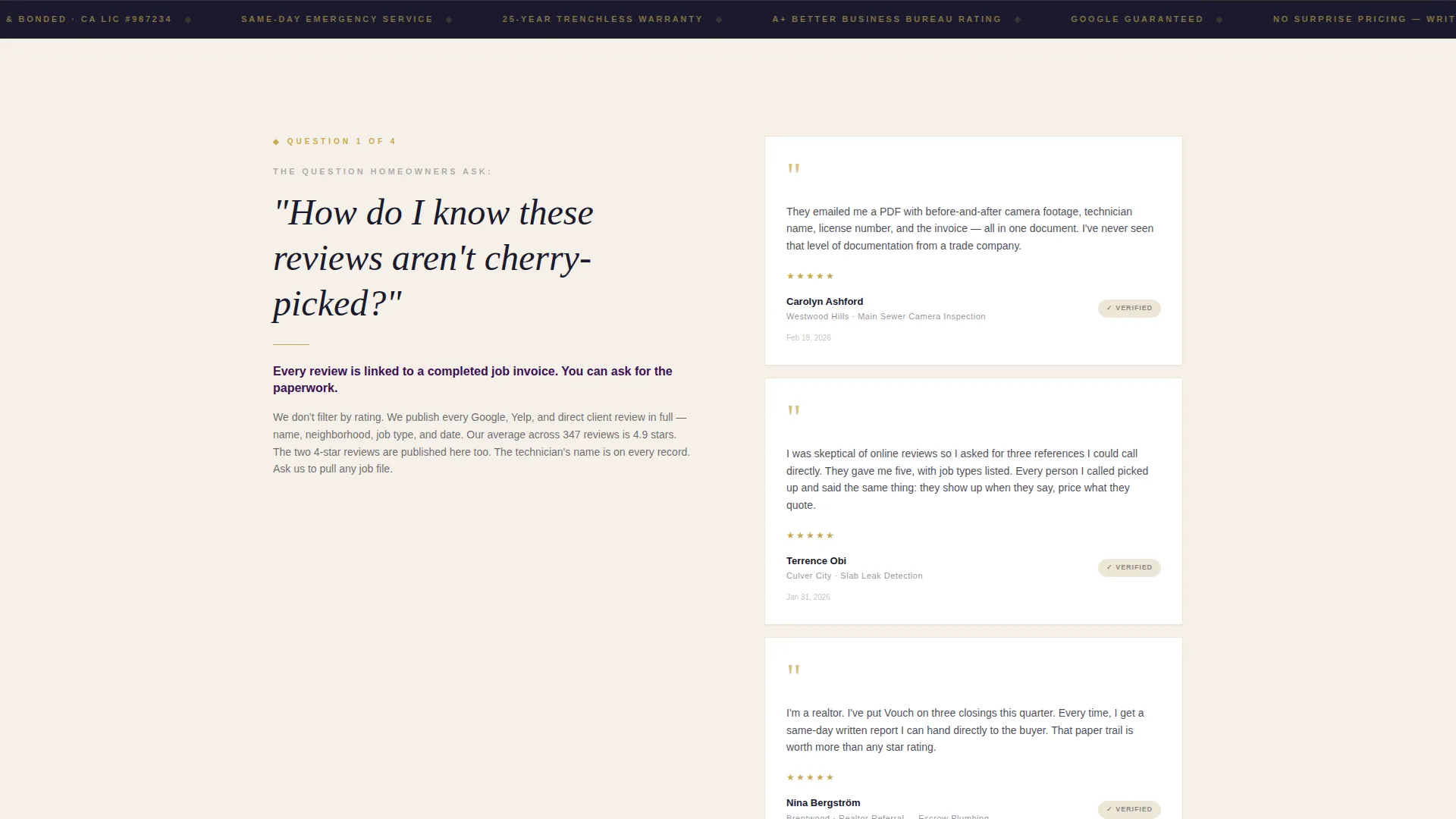 Plumbing Company Testimonials & Reviews Website Template