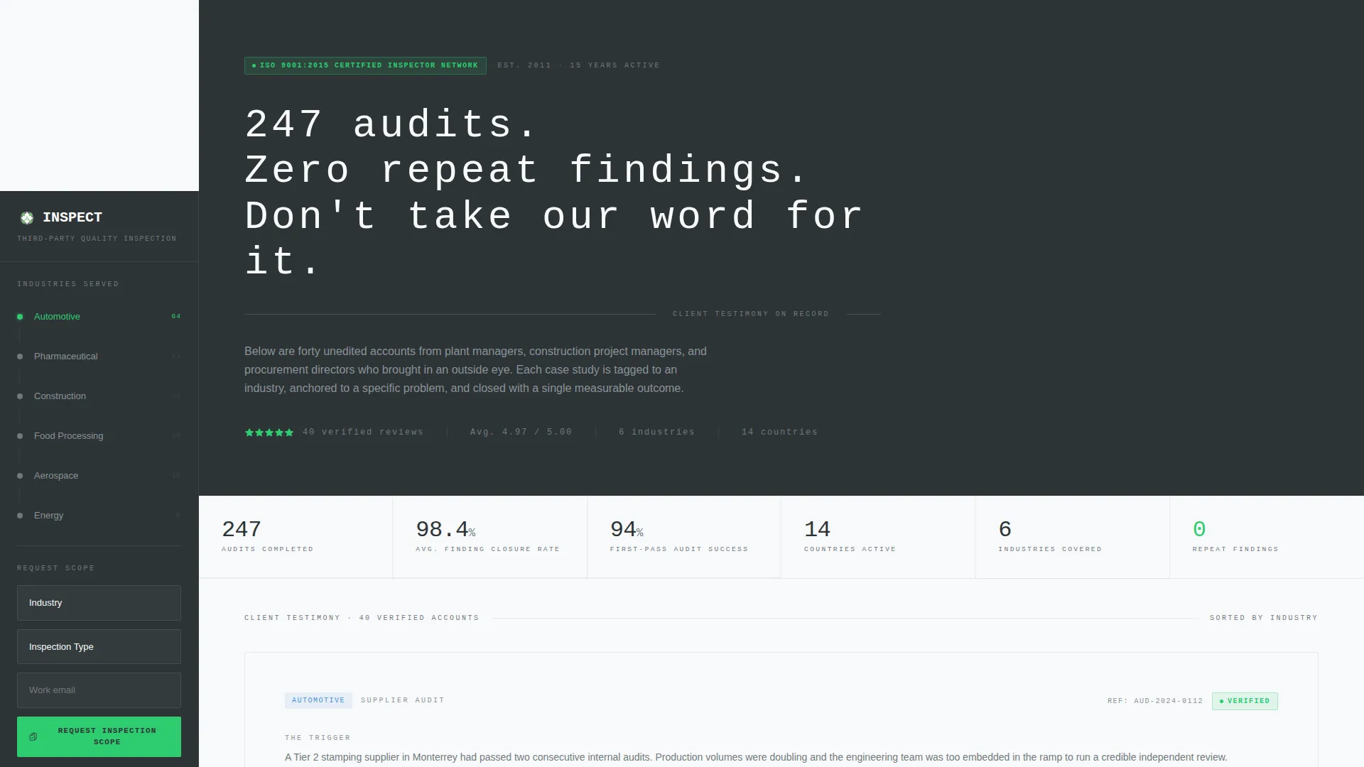 Quality Inspector Reviews Landing Page Template