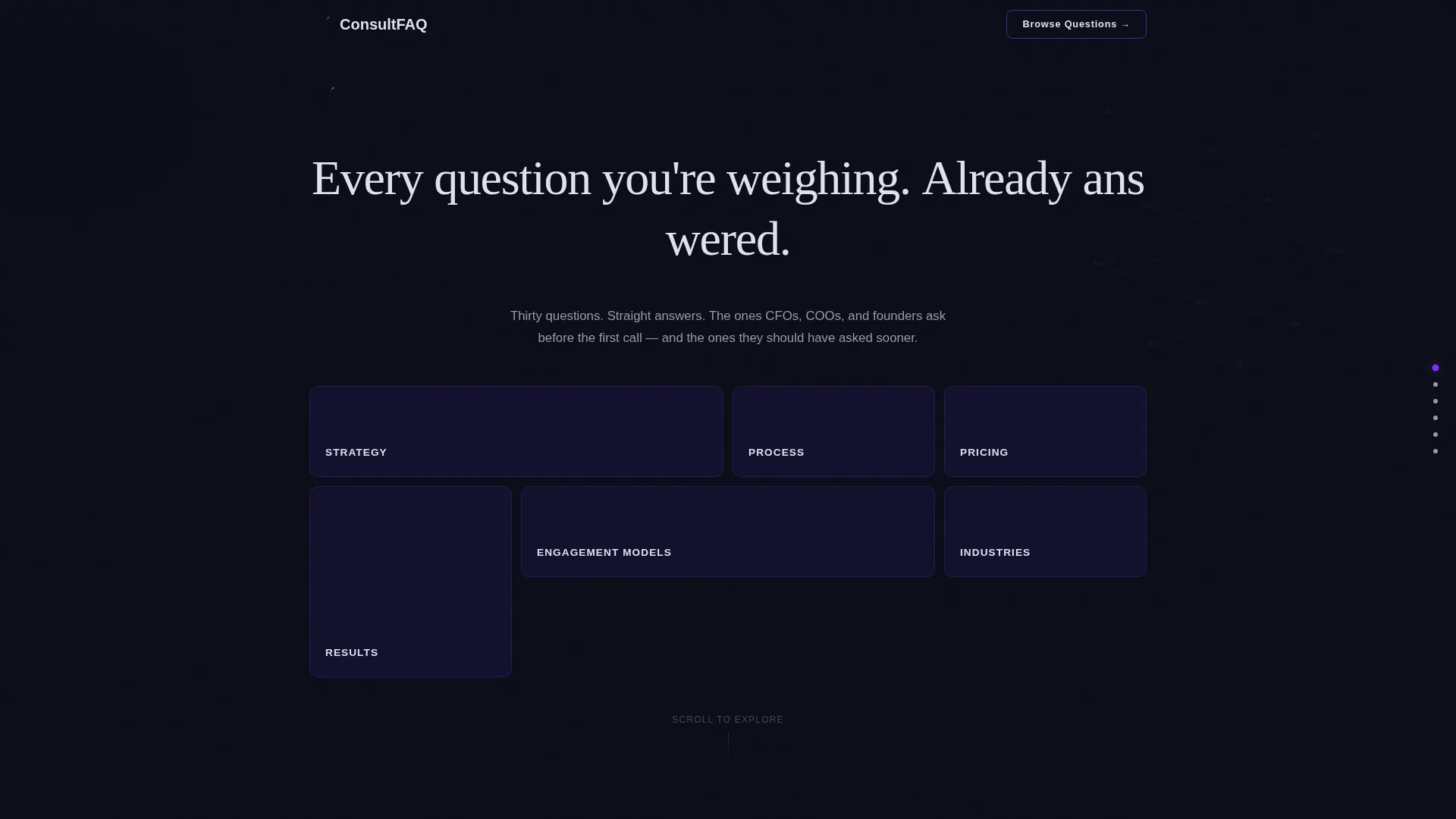 Executive Consulting FAQ & Dark Glass Website Template
