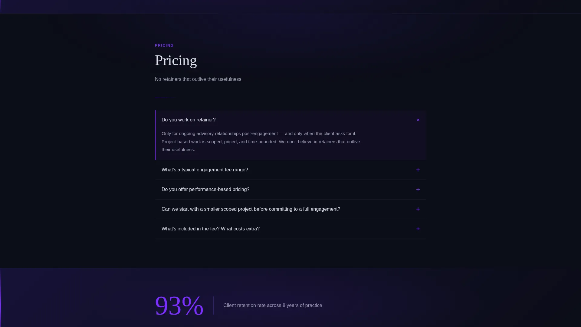 Executive Consulting FAQ & Dark Glass Website Template