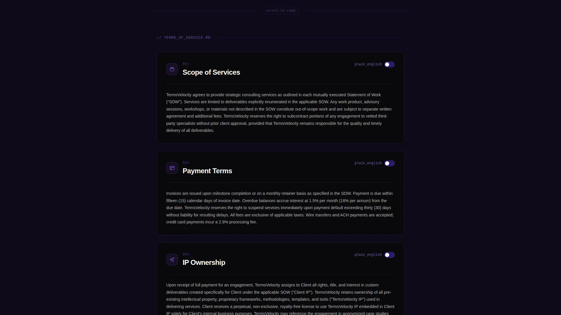 Consulting Firm Terms of Service Scannable Dashboard Website Template