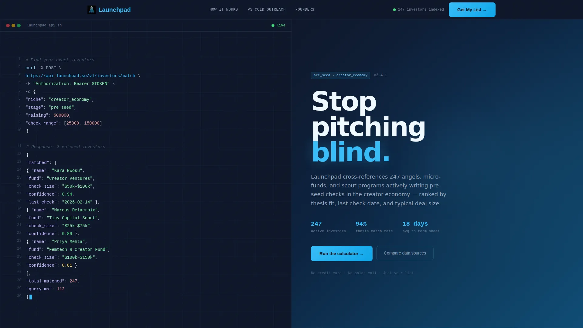 Creator Economy Pre-Seed Investor Matching Landing Page