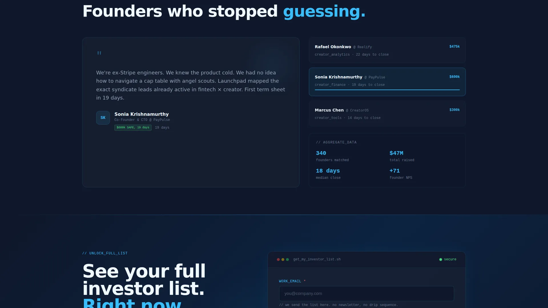 Creator Economy Pre-Seed Investor Matching Landing Page