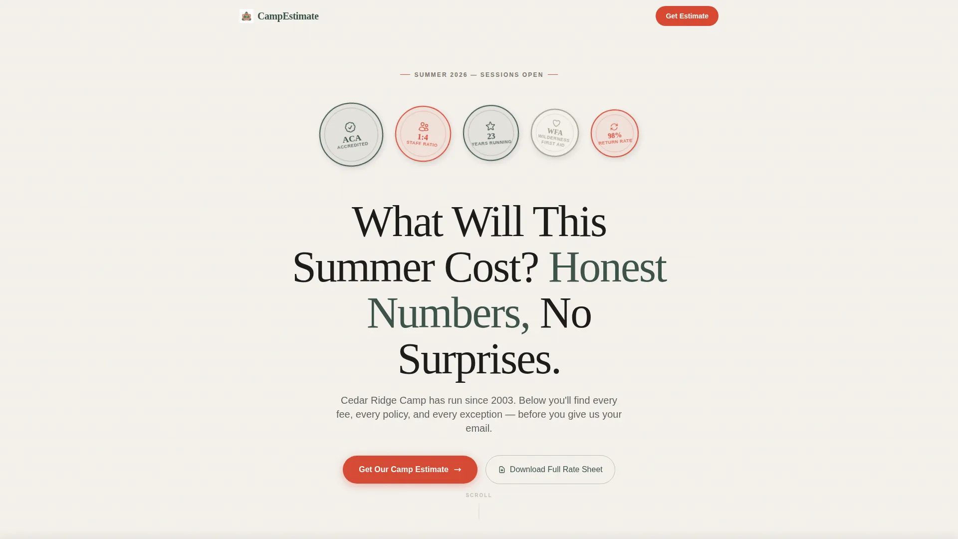Summer Camp Estimate Landing Page Template