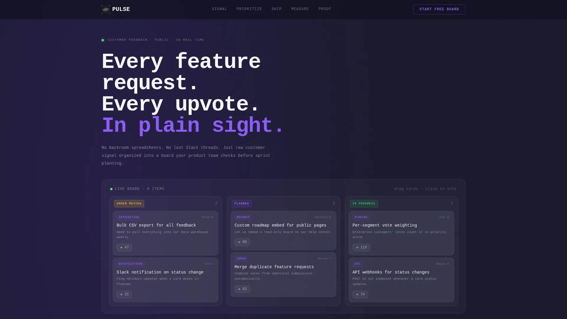 Transparent Customer Feedback Board Landing Page
