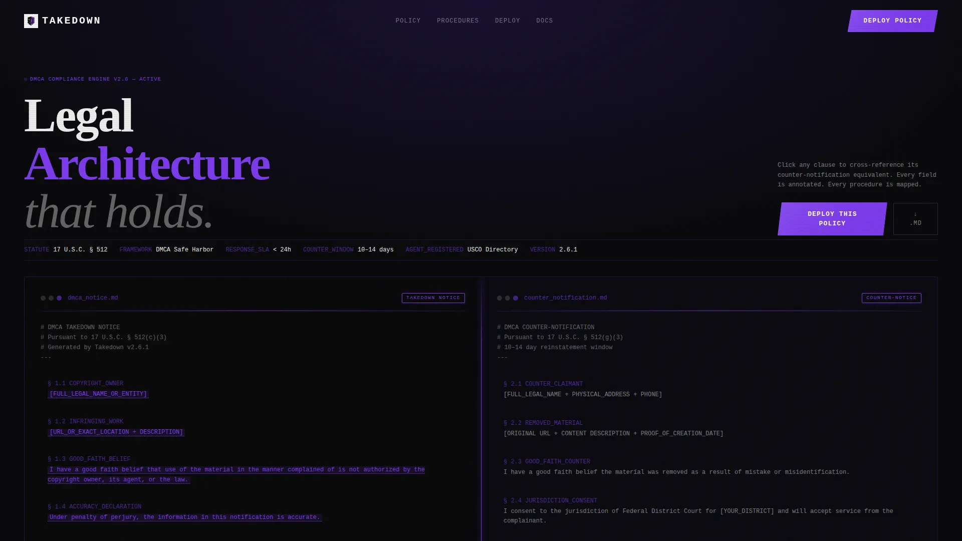 Fortified DMCA Policy Landing Page Template