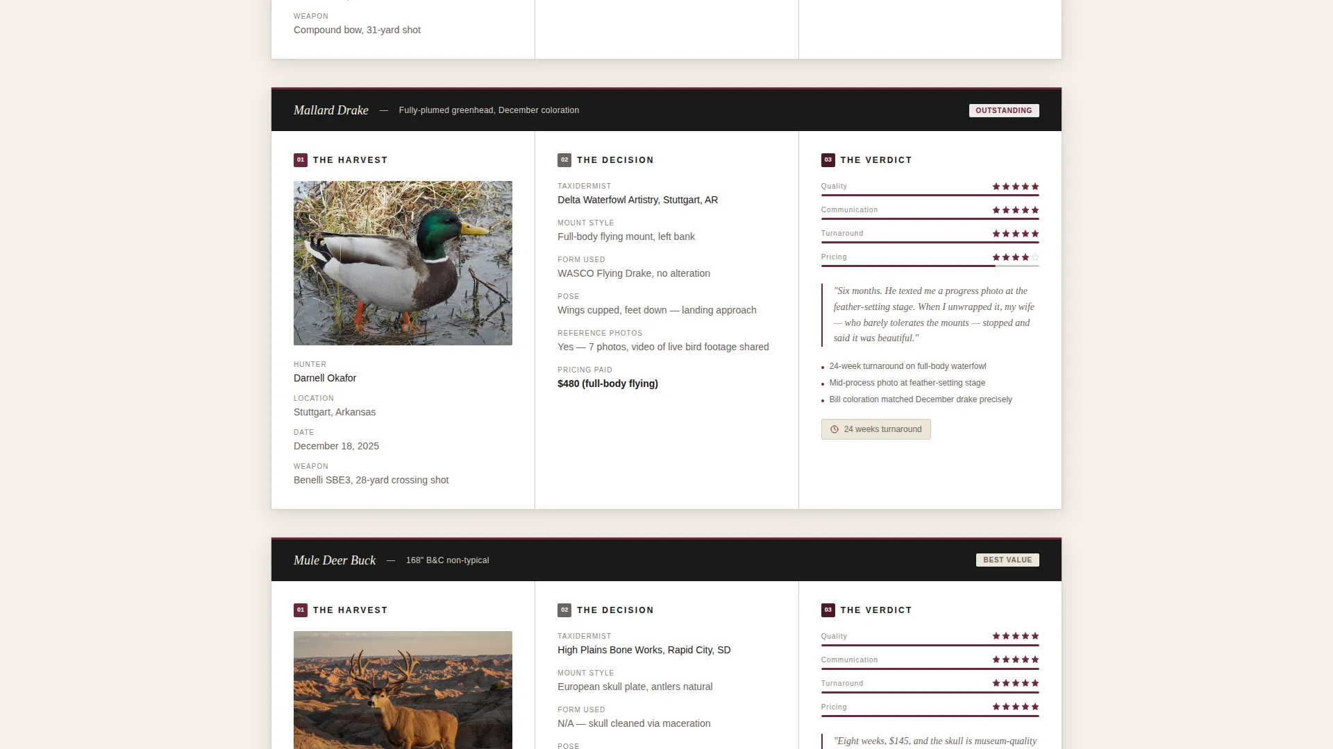 Taxidermist Review Comparison Landing Page Template