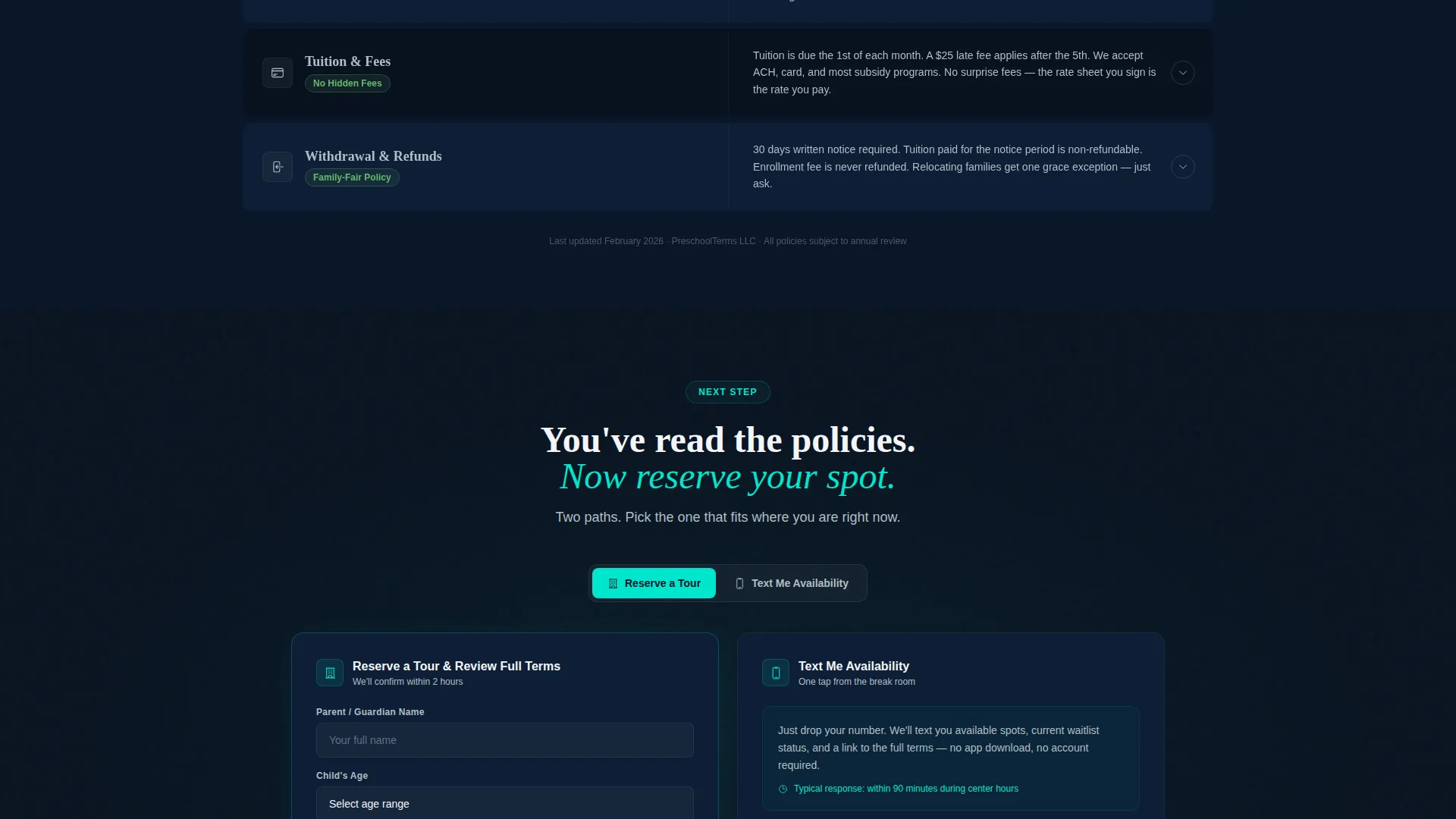 Preschool Terms of Service Landing Page Template