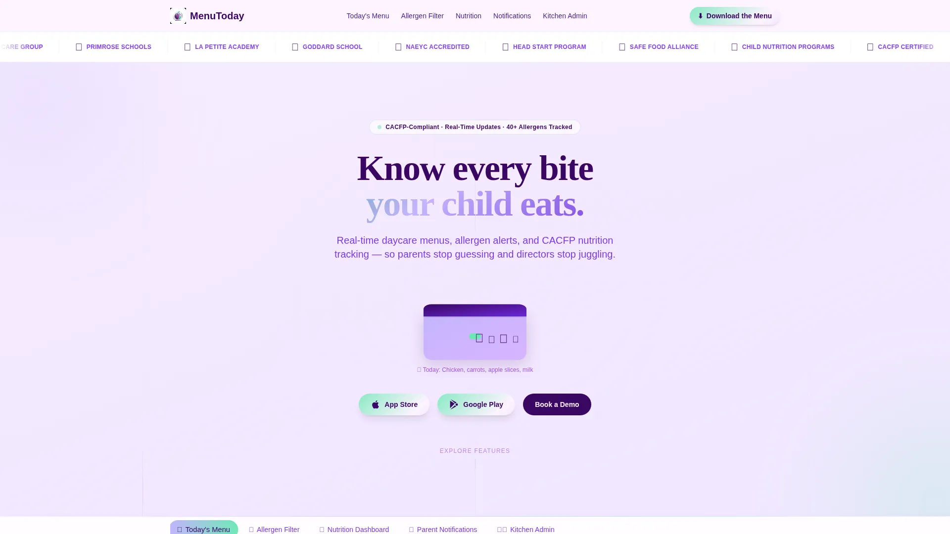 Daycare Digital Menu App Landing Page Template