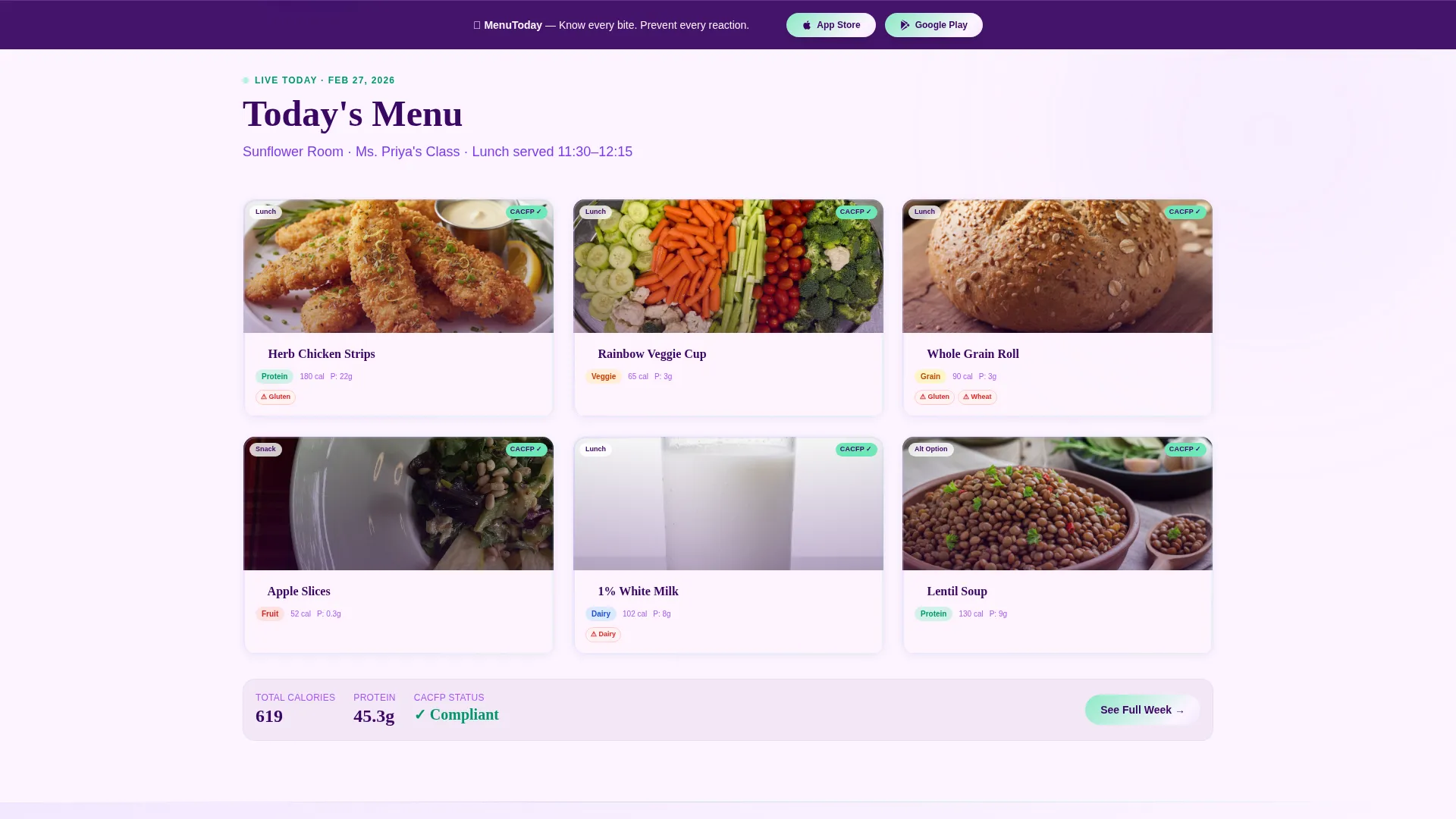 Daycare Digital Menu App Landing Page Template