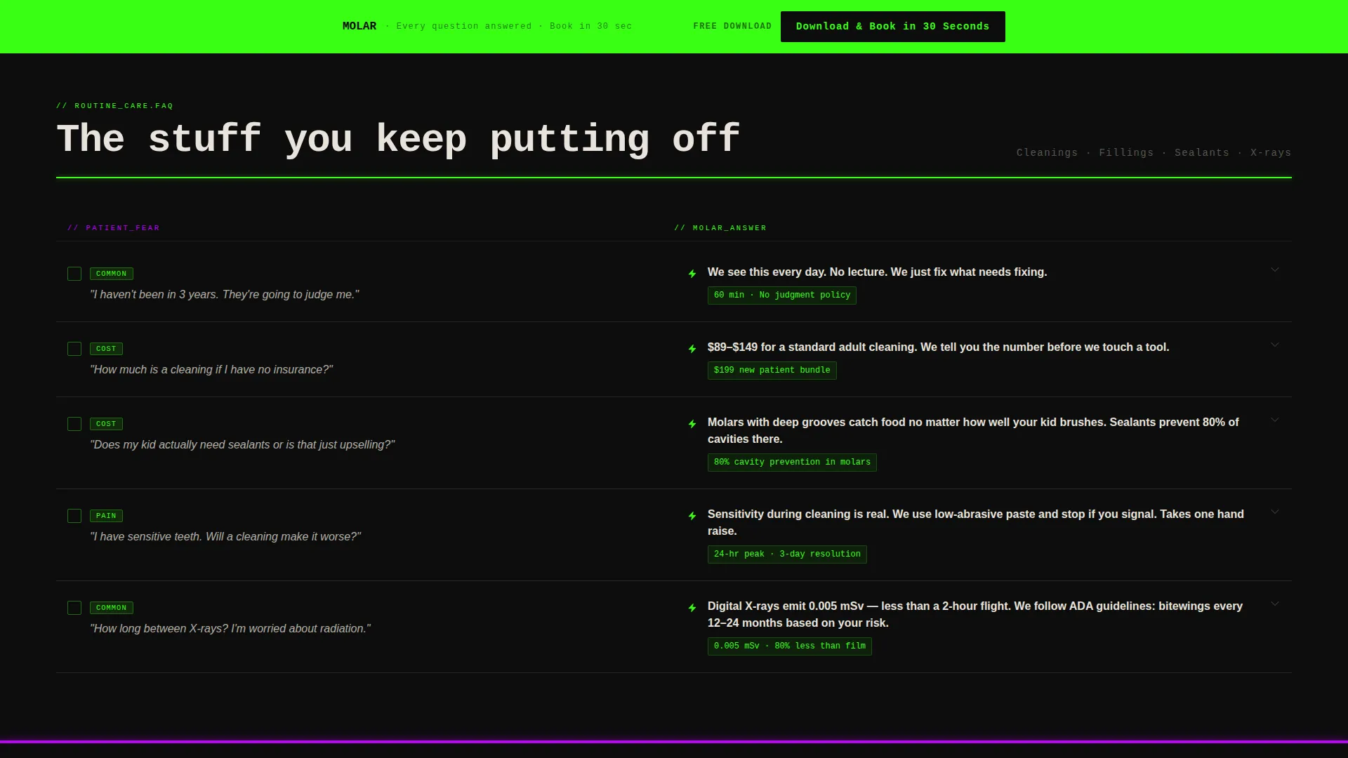 Dental FAQ & Patient Fears Landing Page Website Template