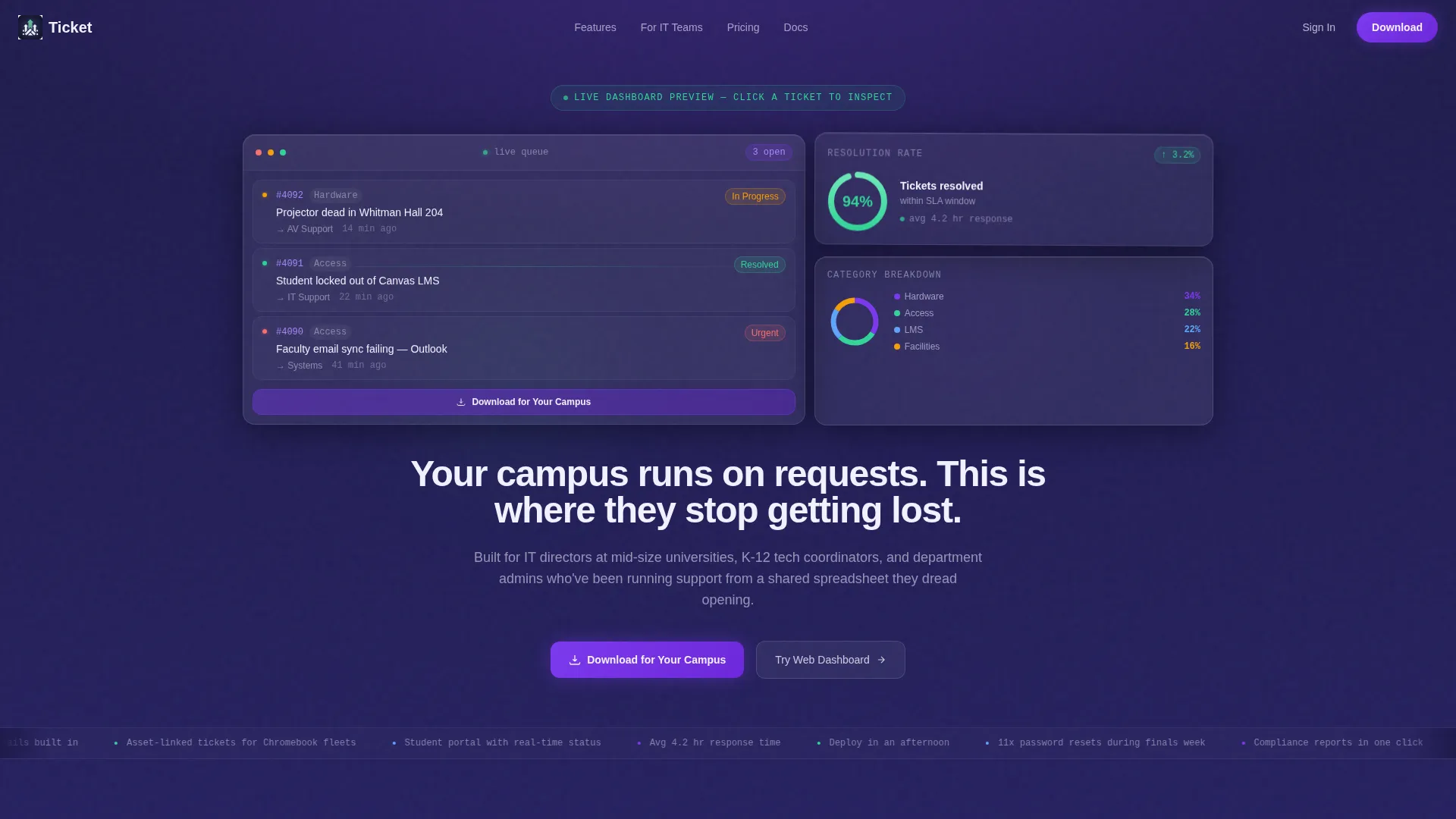 Bento Grid Landing Page for Campus Help Desk Platforms