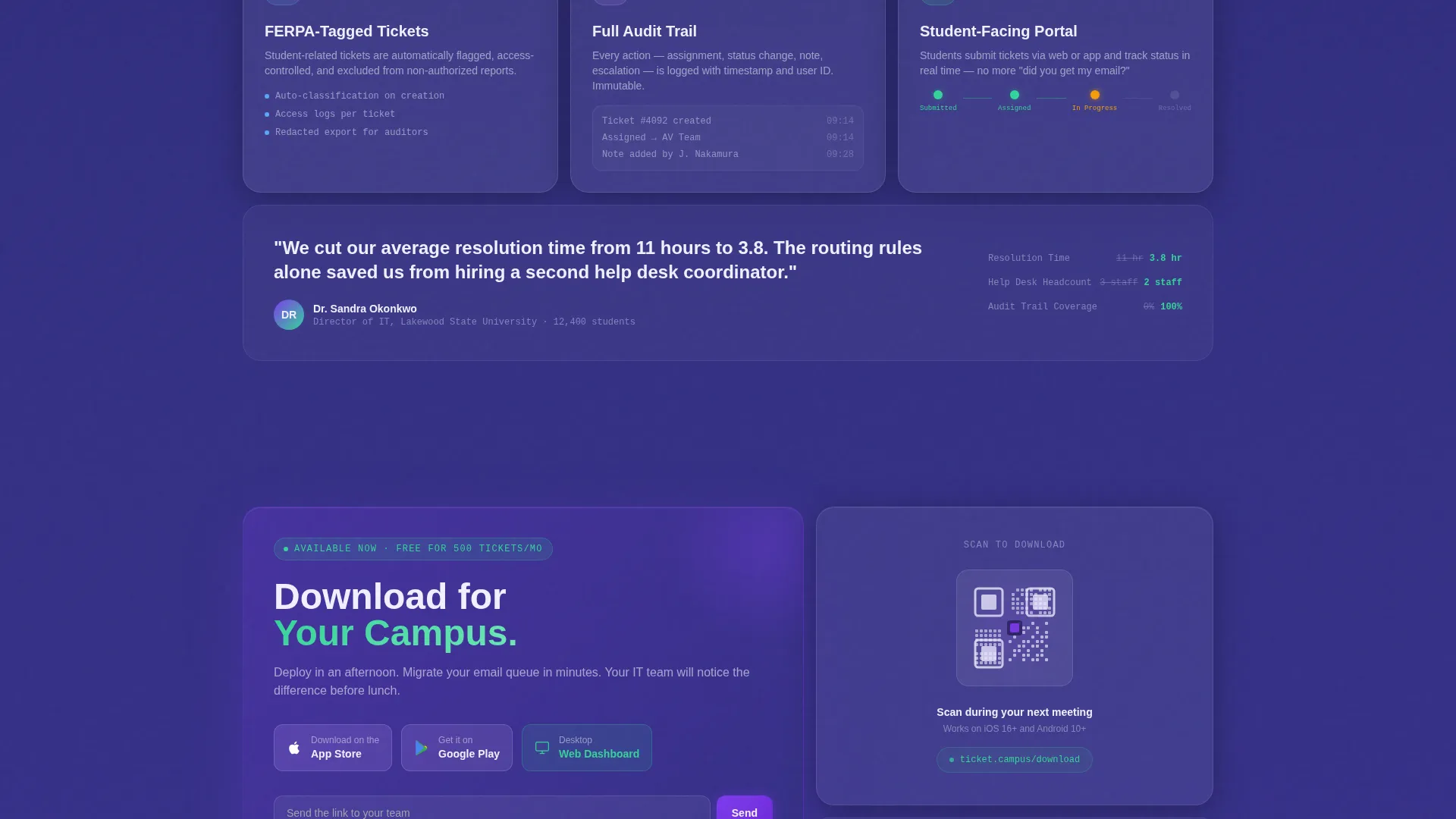 Bento Grid Landing Page for Campus Help Desk Platforms