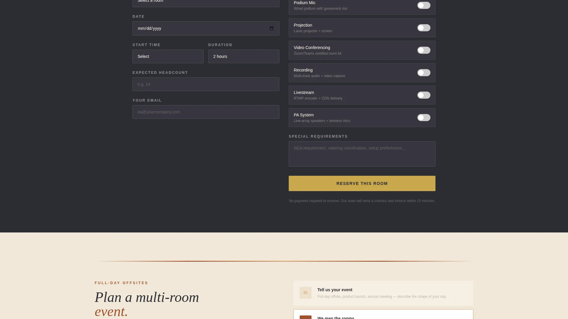Executive Conference Center Rental Landing Page