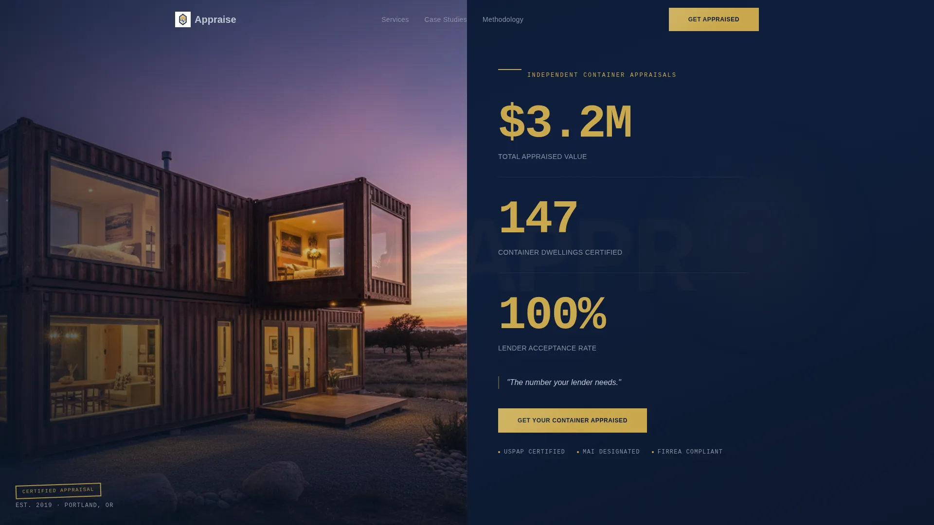 Certified Container Home Appraisal Landing Page