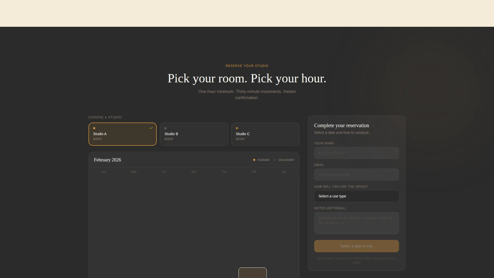 Studio Rental Landing Page Template for Dance Spaces