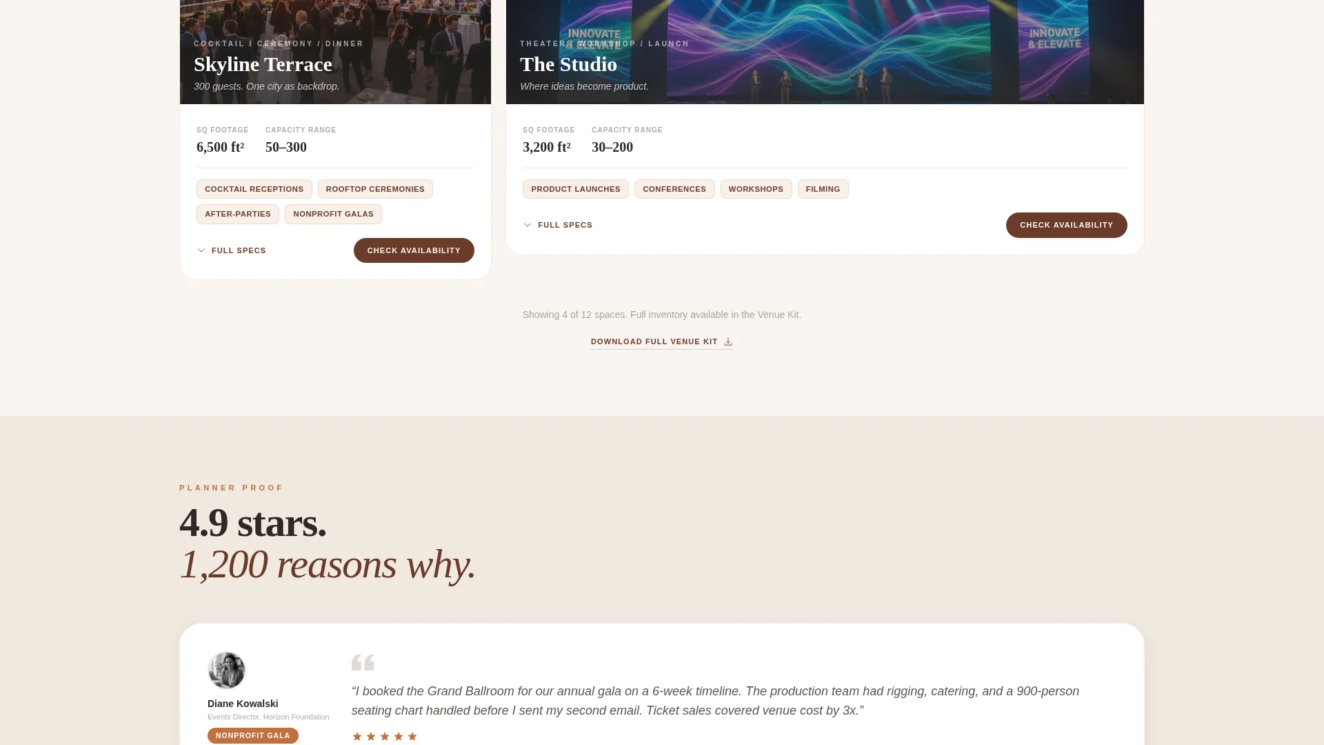 Event Space Landing Page Template for Rental Marketing