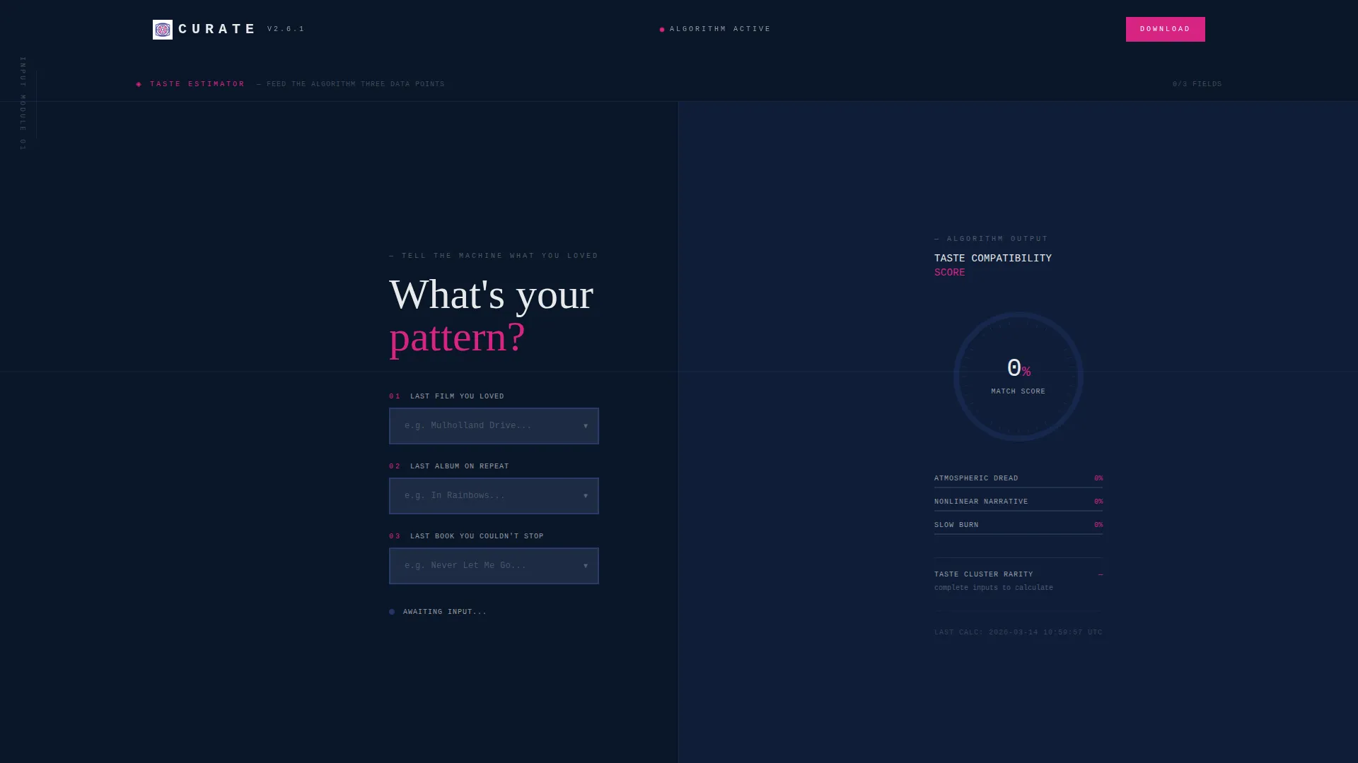 Brutalist AI Entertainment Recommendation Landing Page