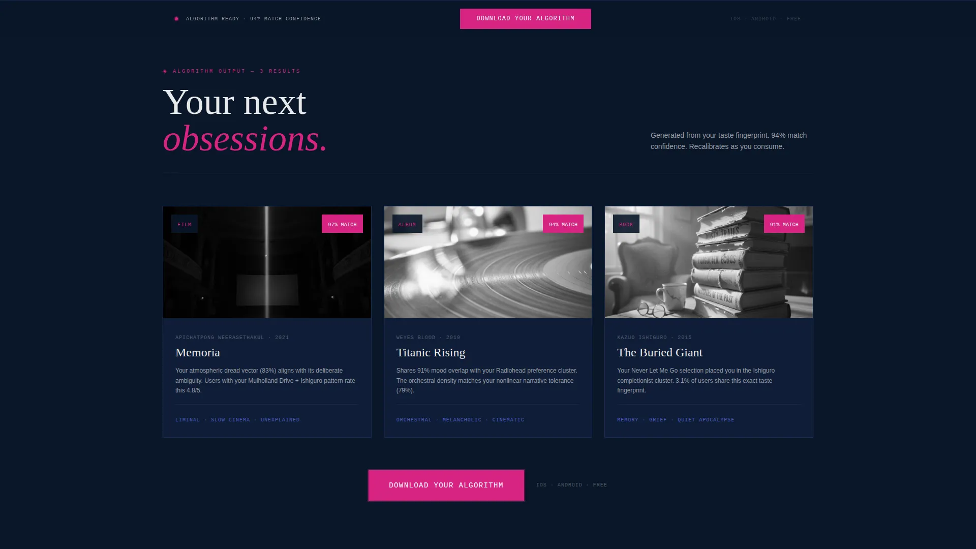 Brutalist AI Entertainment Recommendation Landing Page