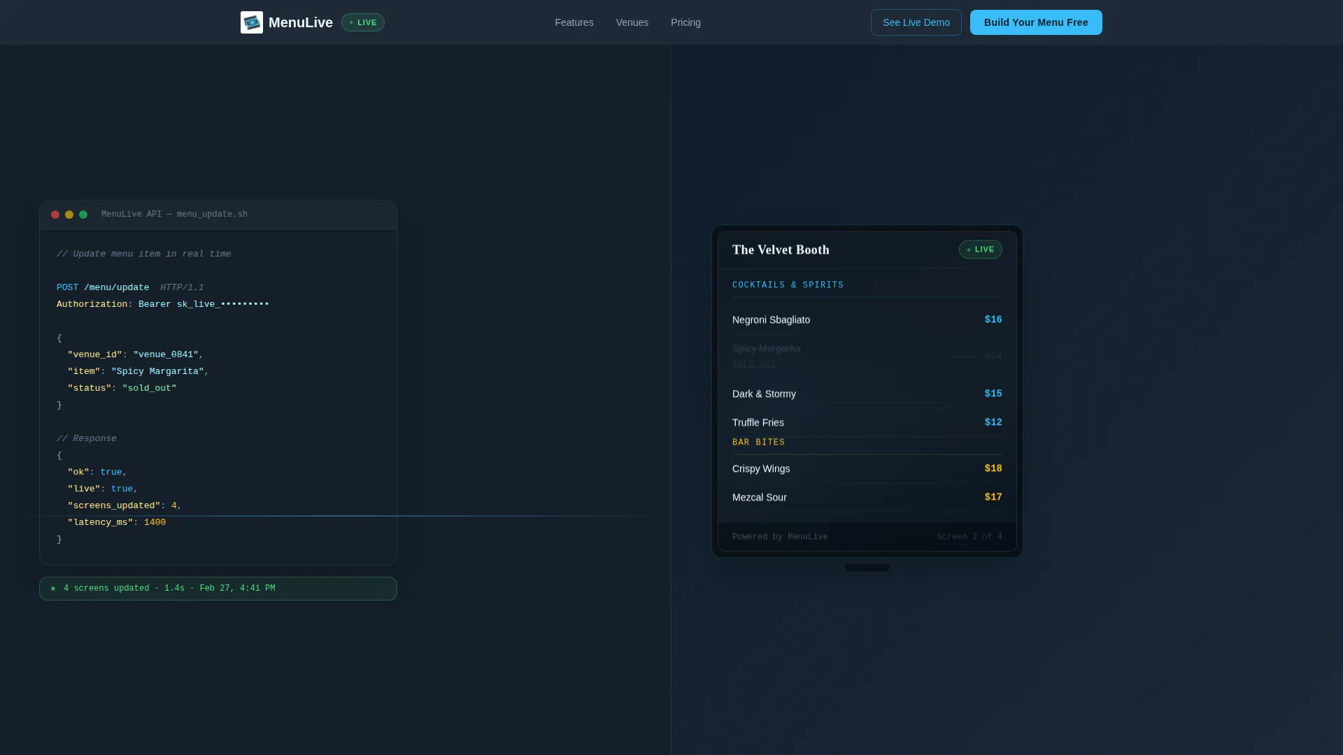 Digital Menu Landing Page Template for Venues