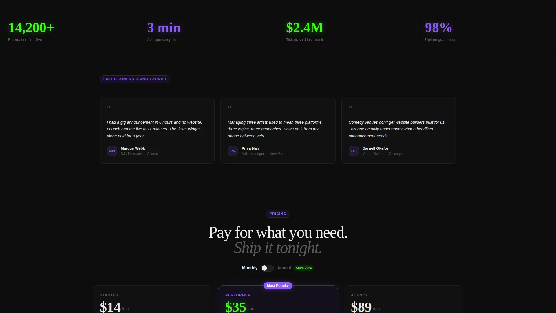 Electric Entertainment Website Builder Landing Page