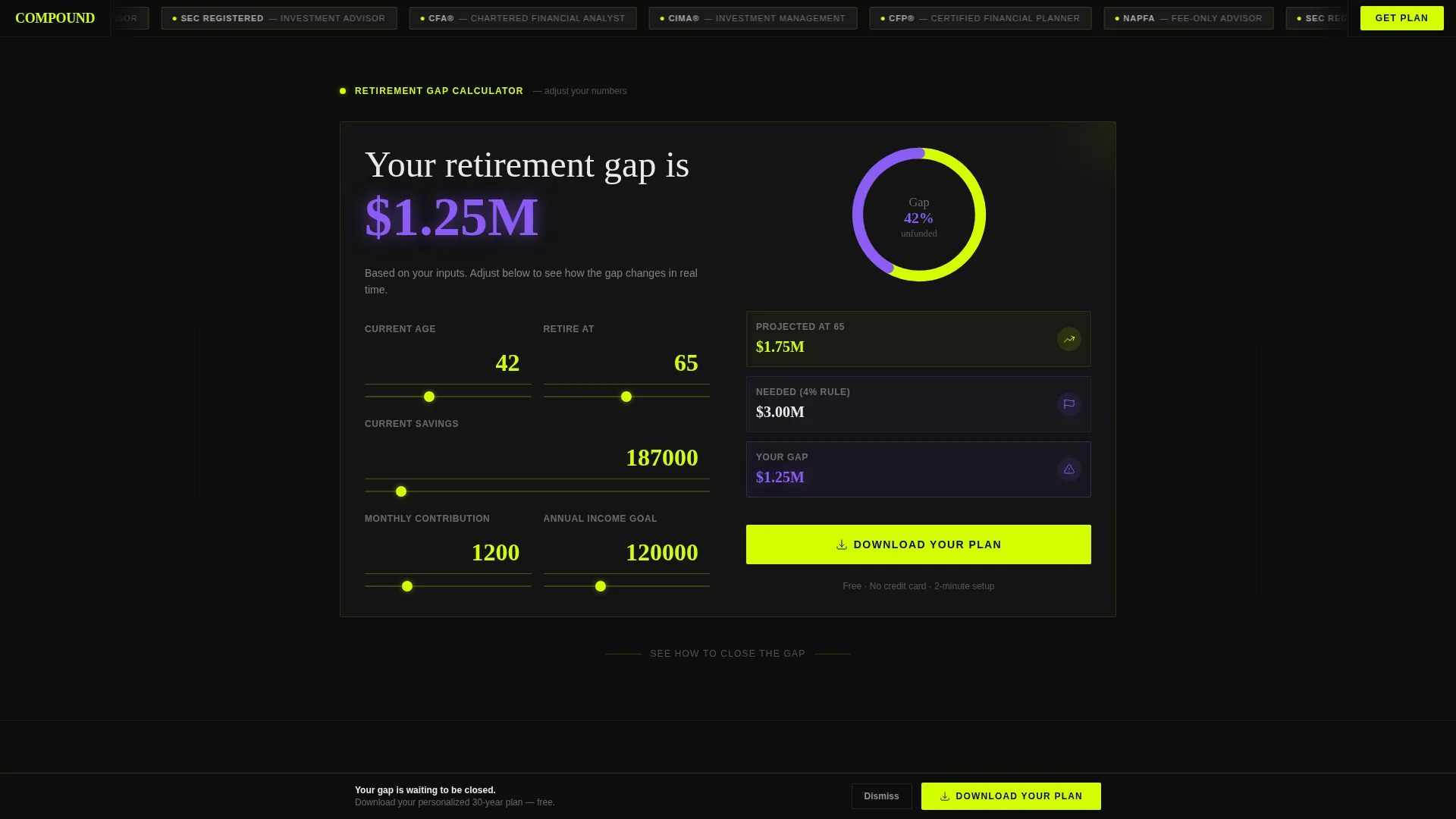 Financial Advisor Retirement Gap Calculator Website Template