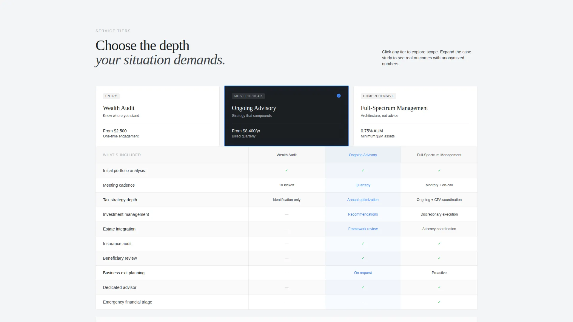 Wealth Advisory Service Tier Comparison Website Template