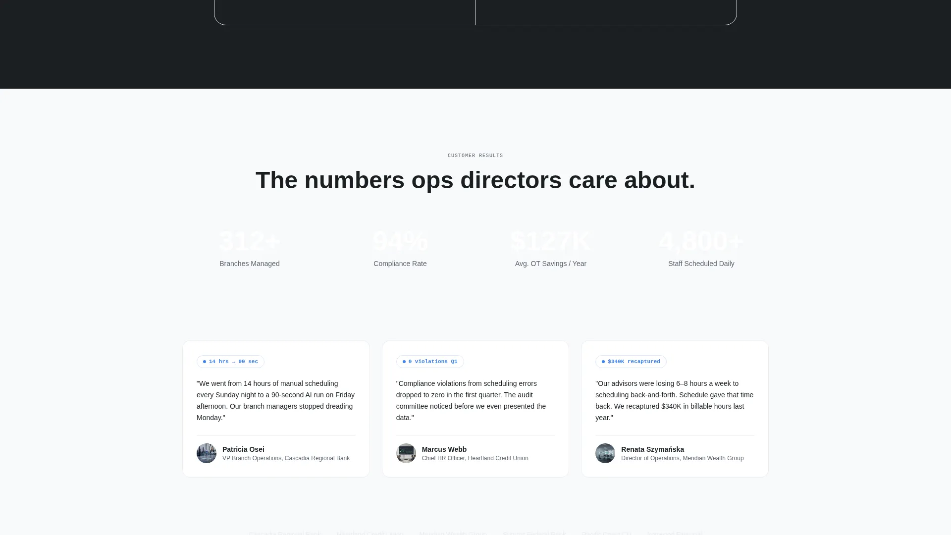 Financial Services Staff Scheduling Landing Page