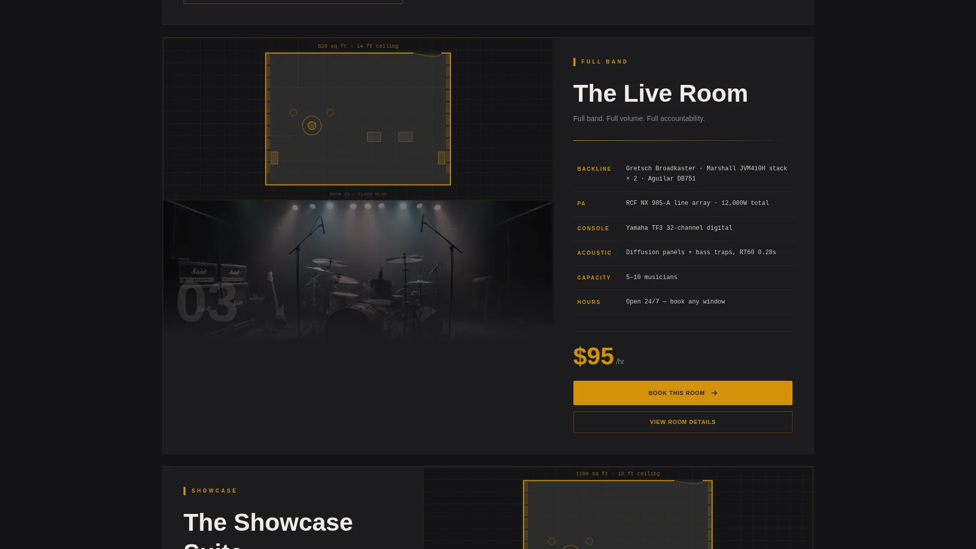 Professional Rehearsal Space Rental Landing Page