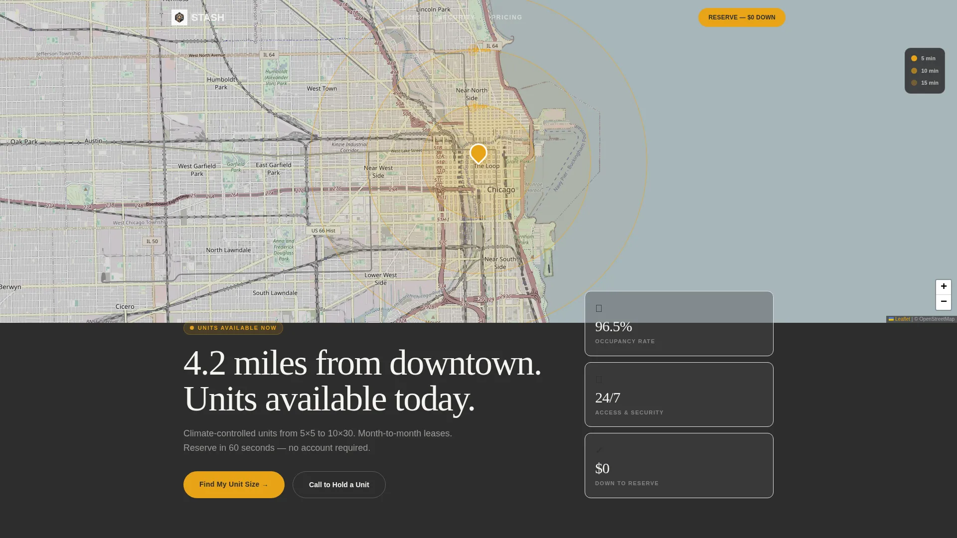 Self-Storage Landing Page Template with Map and Size Calculator