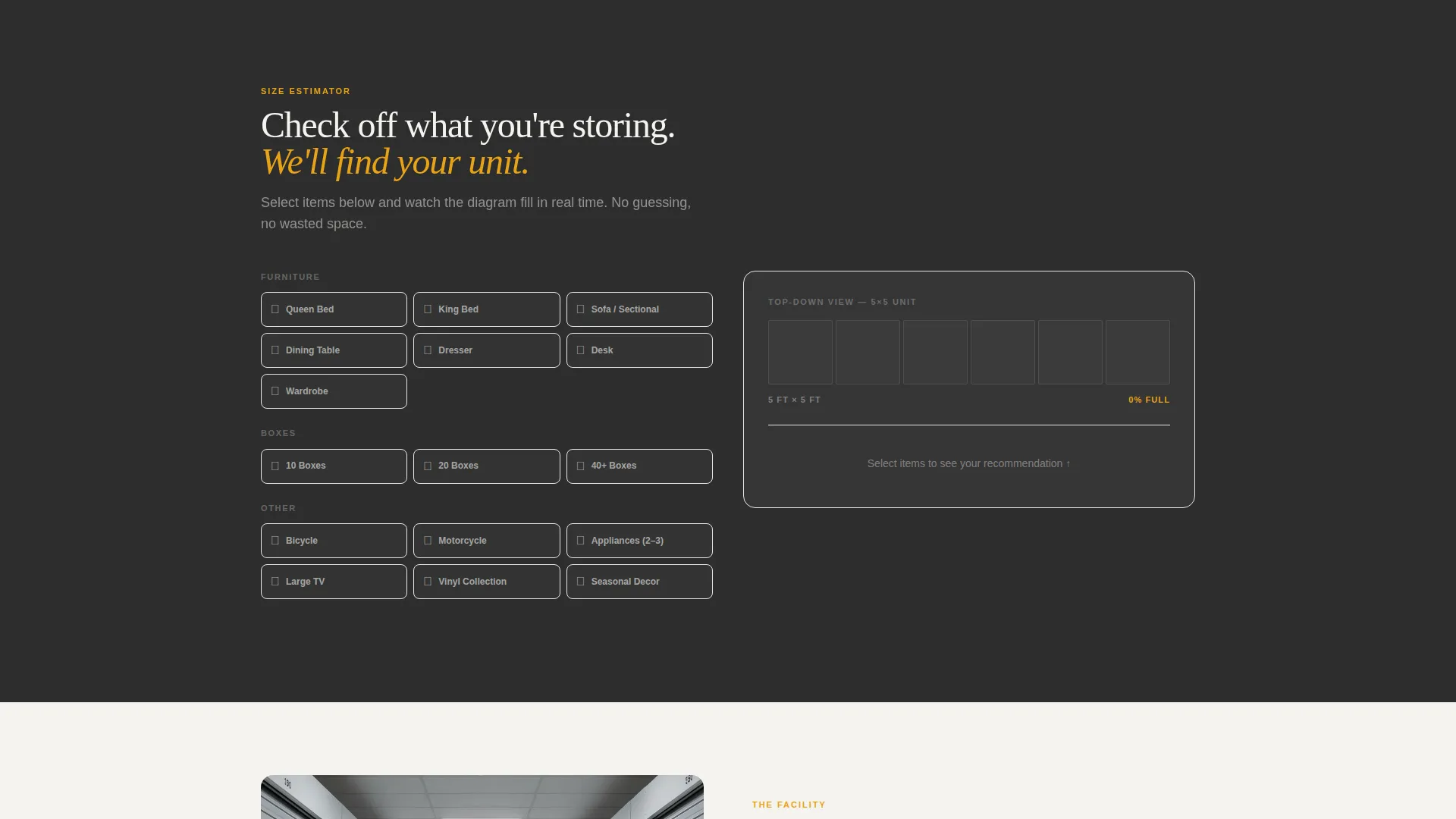 Self-Storage Landing Page Template with Map and Size Calculator