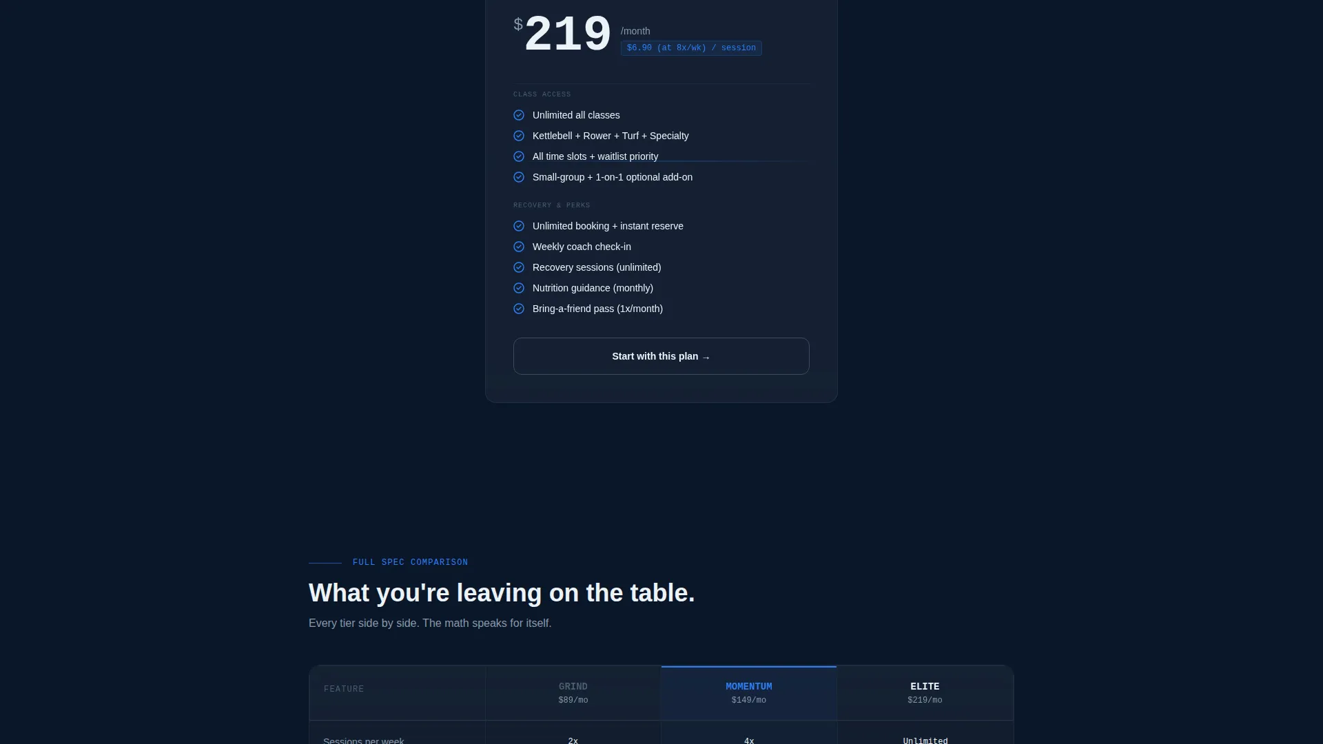 Fitness Studio Specialist Pricing Website Template