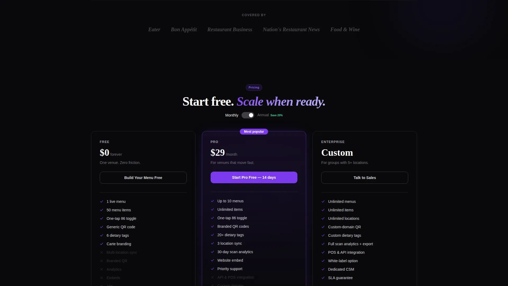 Digital Menu Platform Landing Page Template