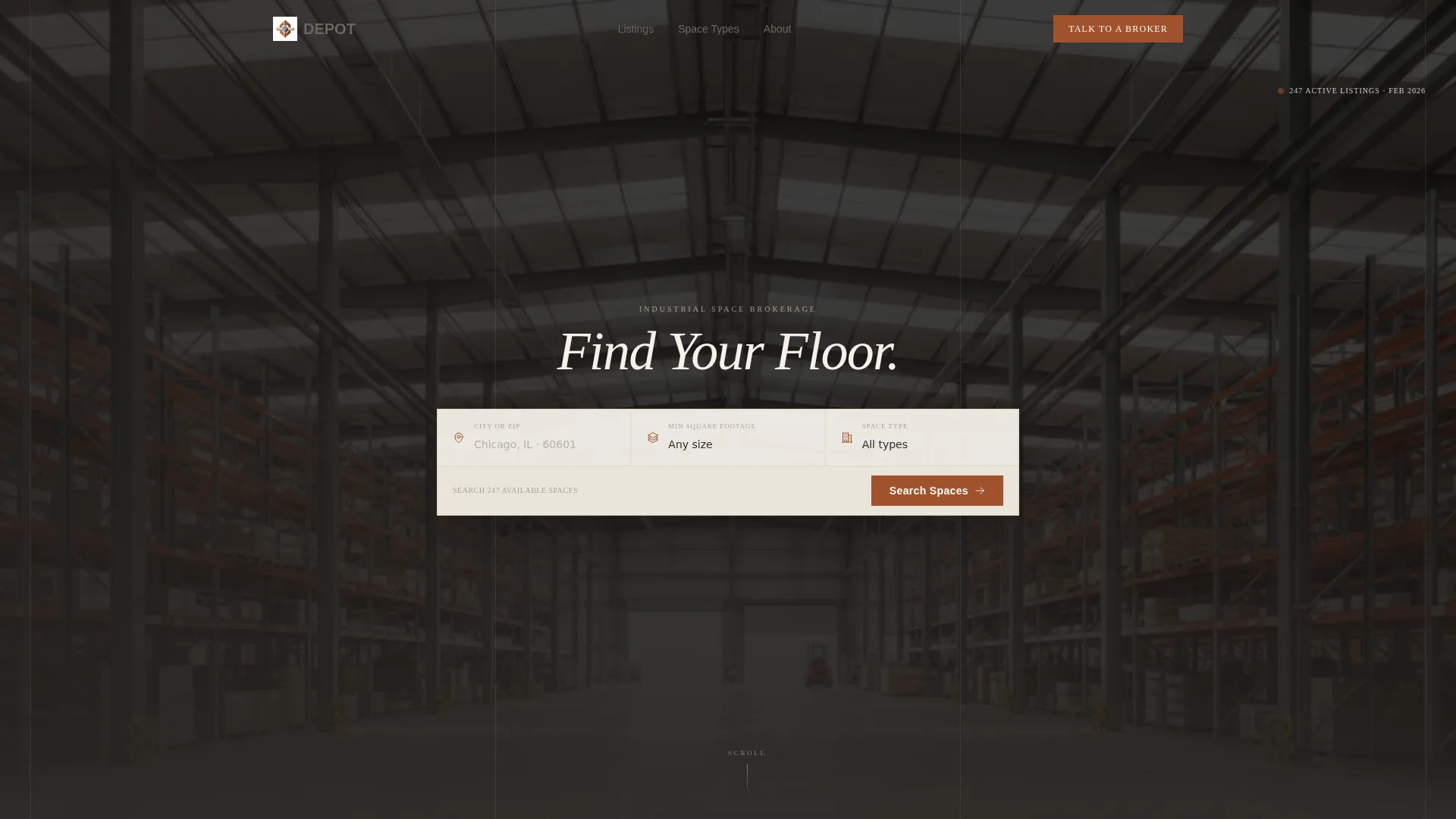 Cinematic Industrial Space Brokerage Landing Page