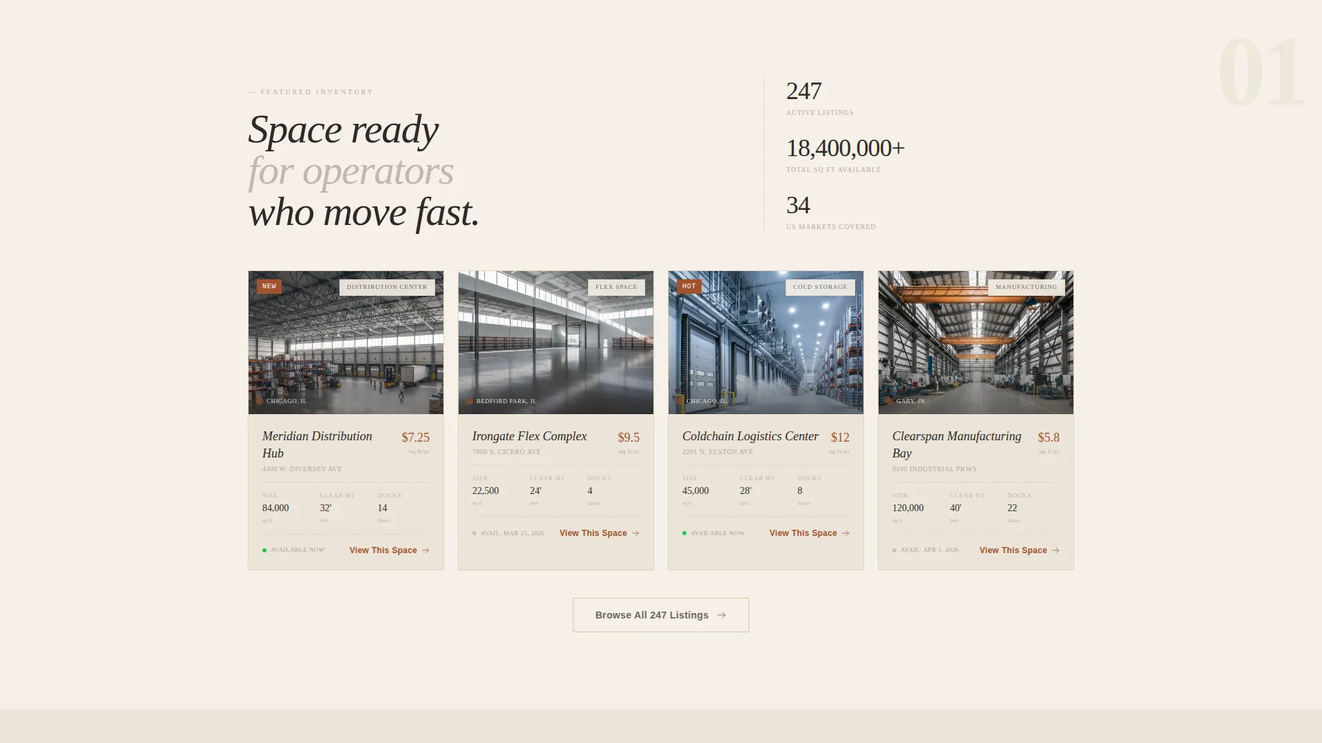 Cinematic Industrial Space Brokerage Landing Page