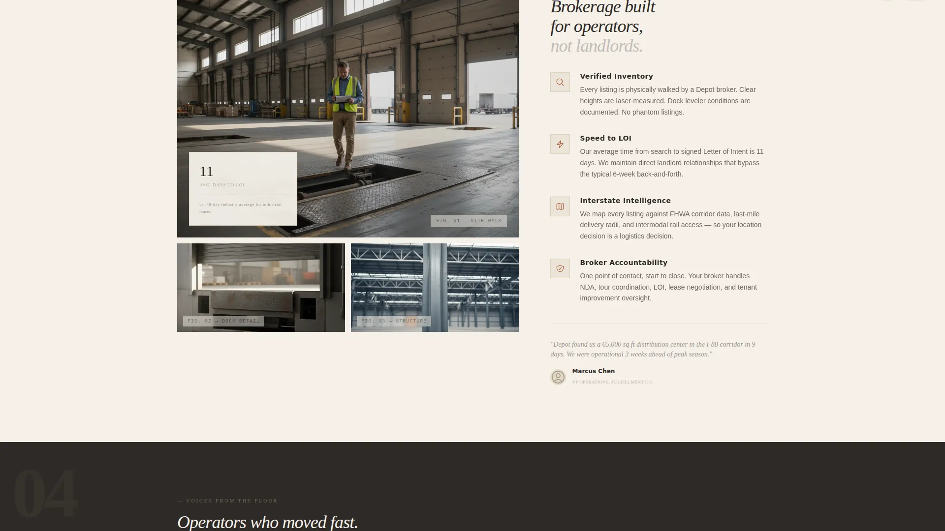 Cinematic Industrial Space Brokerage Landing Page