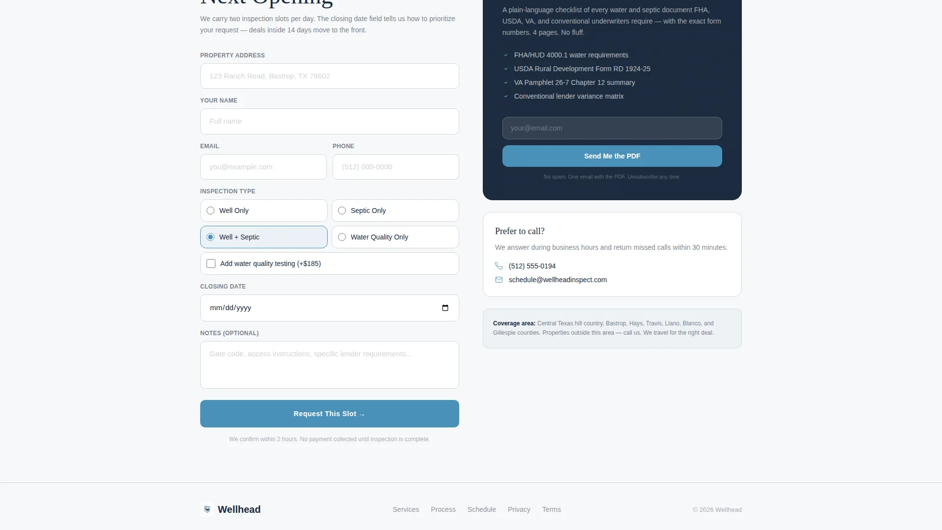 Inspection Landing Page Template for Well & Septic