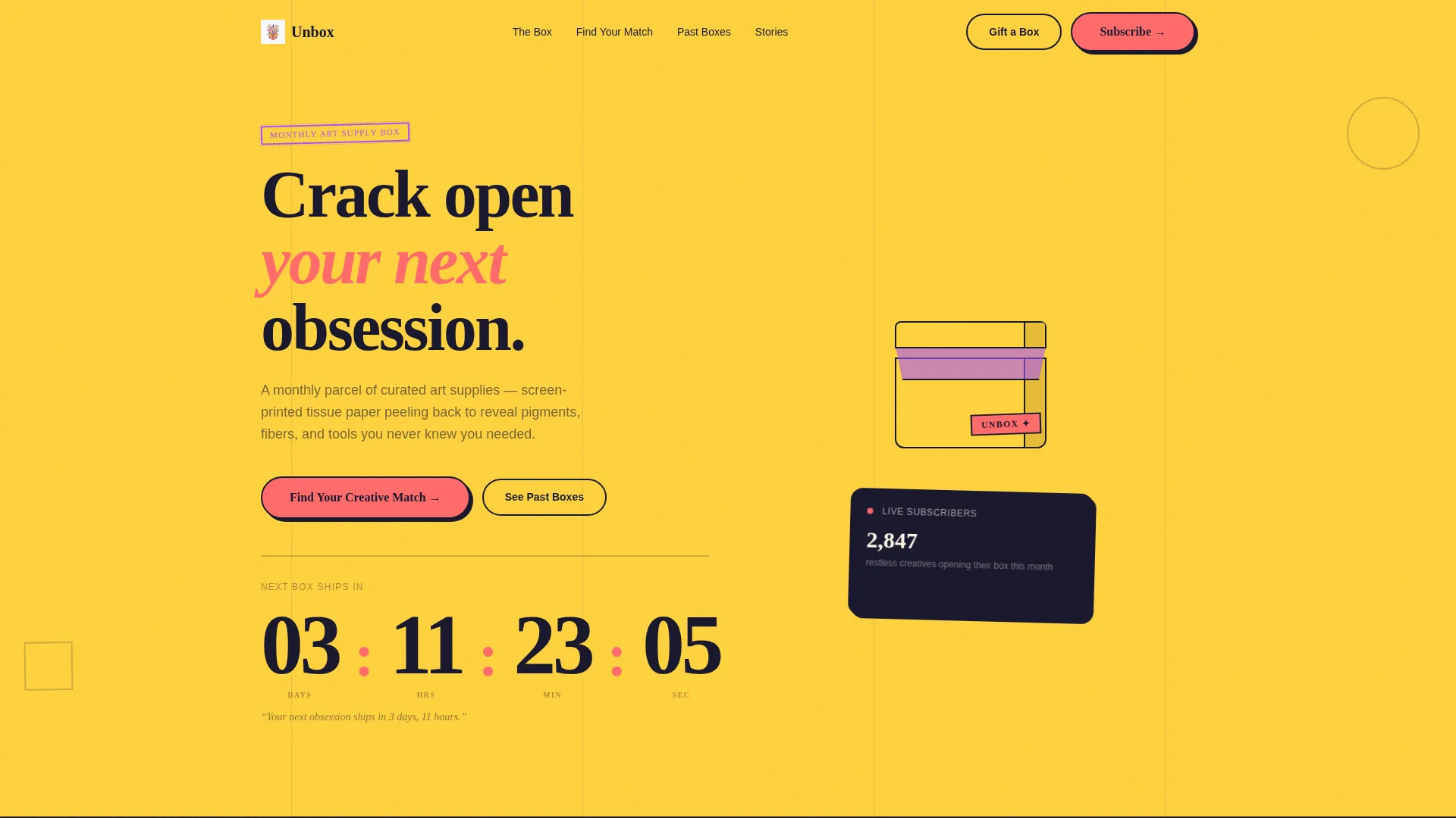 Arts & Crafts Subscription Box Bento Grid Landing Page